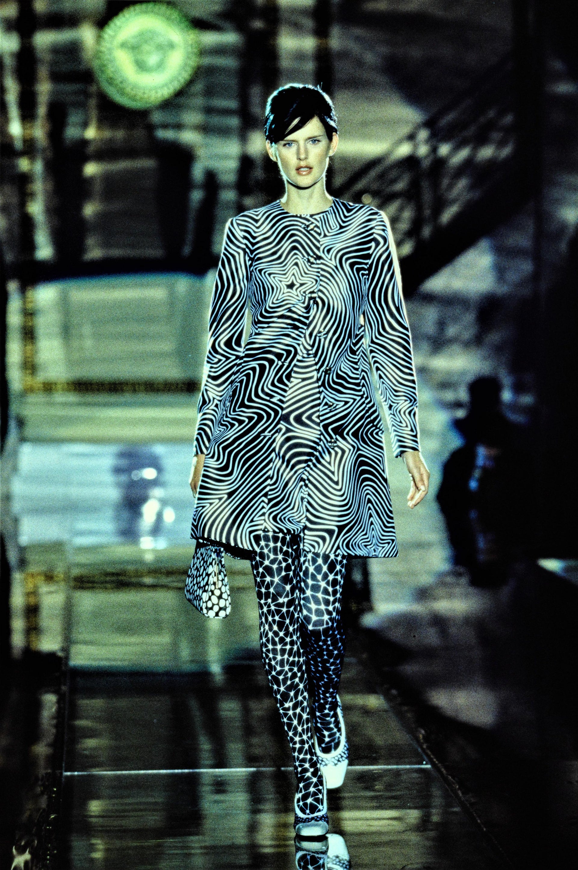S/S 1996 Gianni Versace Couture Black Brown Star Print Medusa Wool Dress