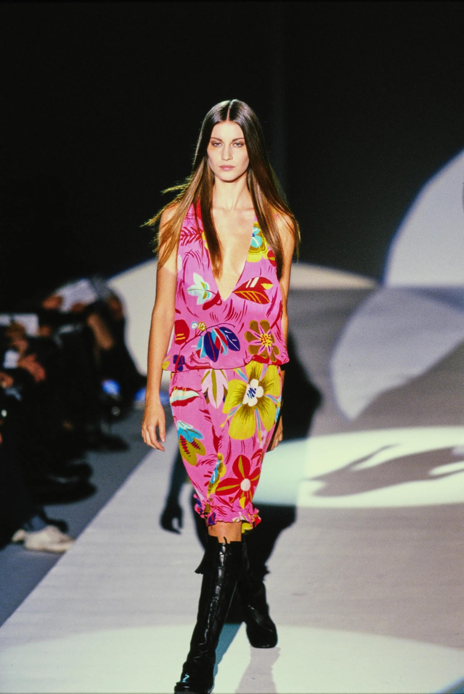 S/S 1999 Gucci by Tom Ford Vegas Hippy Runway Pink Silk Acid Floral Ruffle Skirt