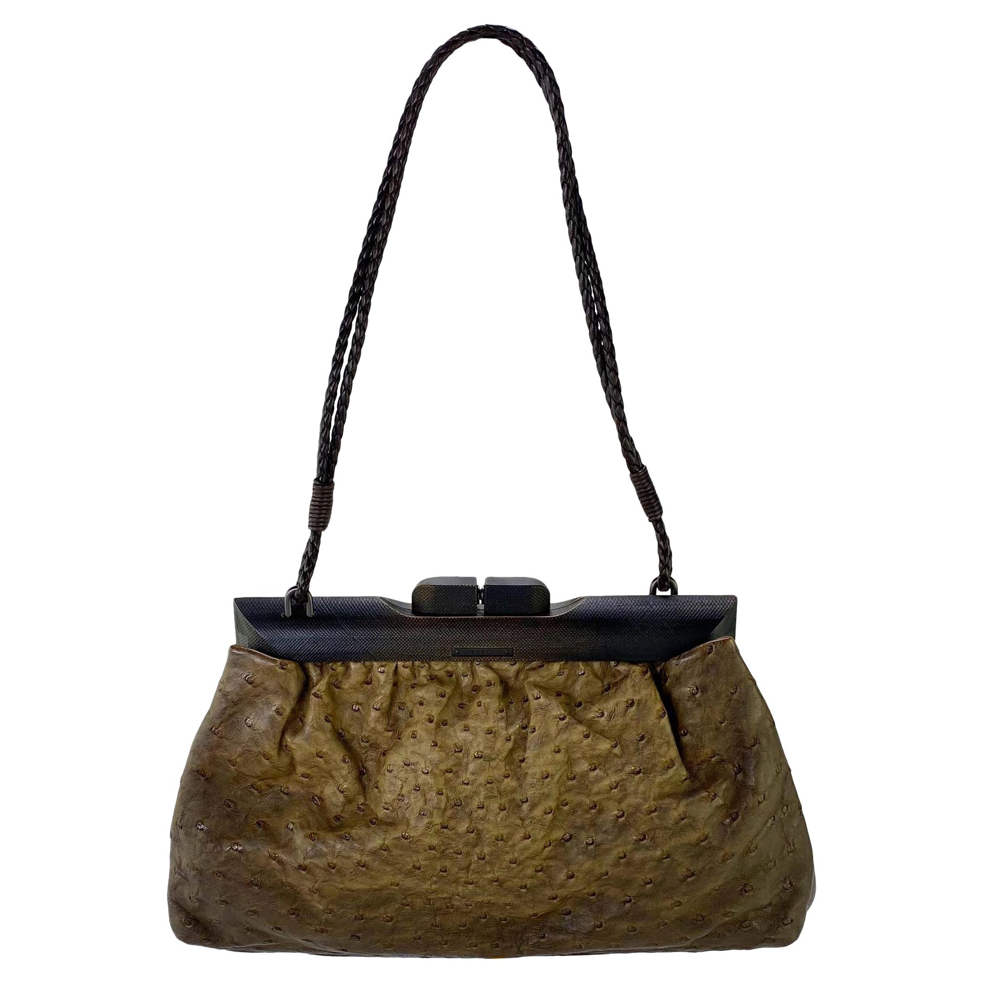 F/W 2002 Gucci by Tom Ford Genuine Ostrich Braided Leather Wood Shoulder Bag