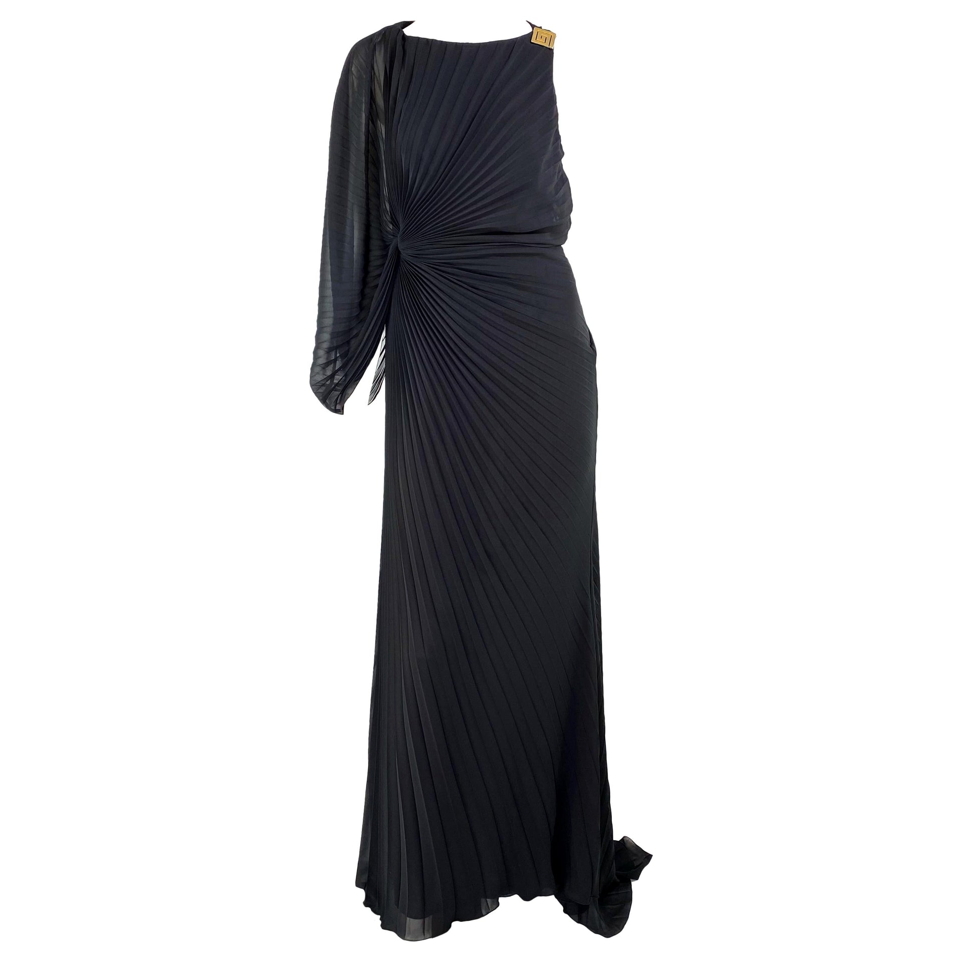 F/W 2000 Gianni Versace by Donatella Black Pleated Gown Greek Key Buckle