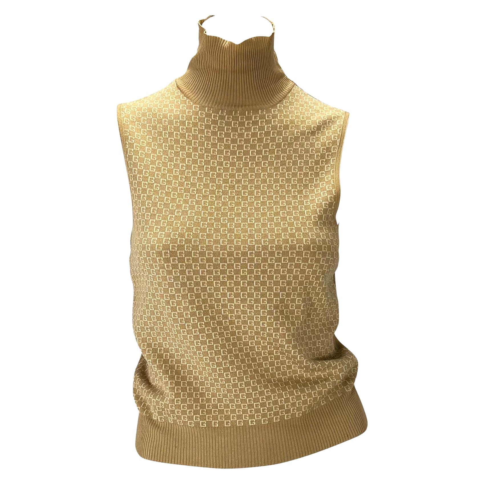 F/W 2000 Gucci by Tom Ford GG Mock Neck Stretch Silk Blend Beige Sweater Top