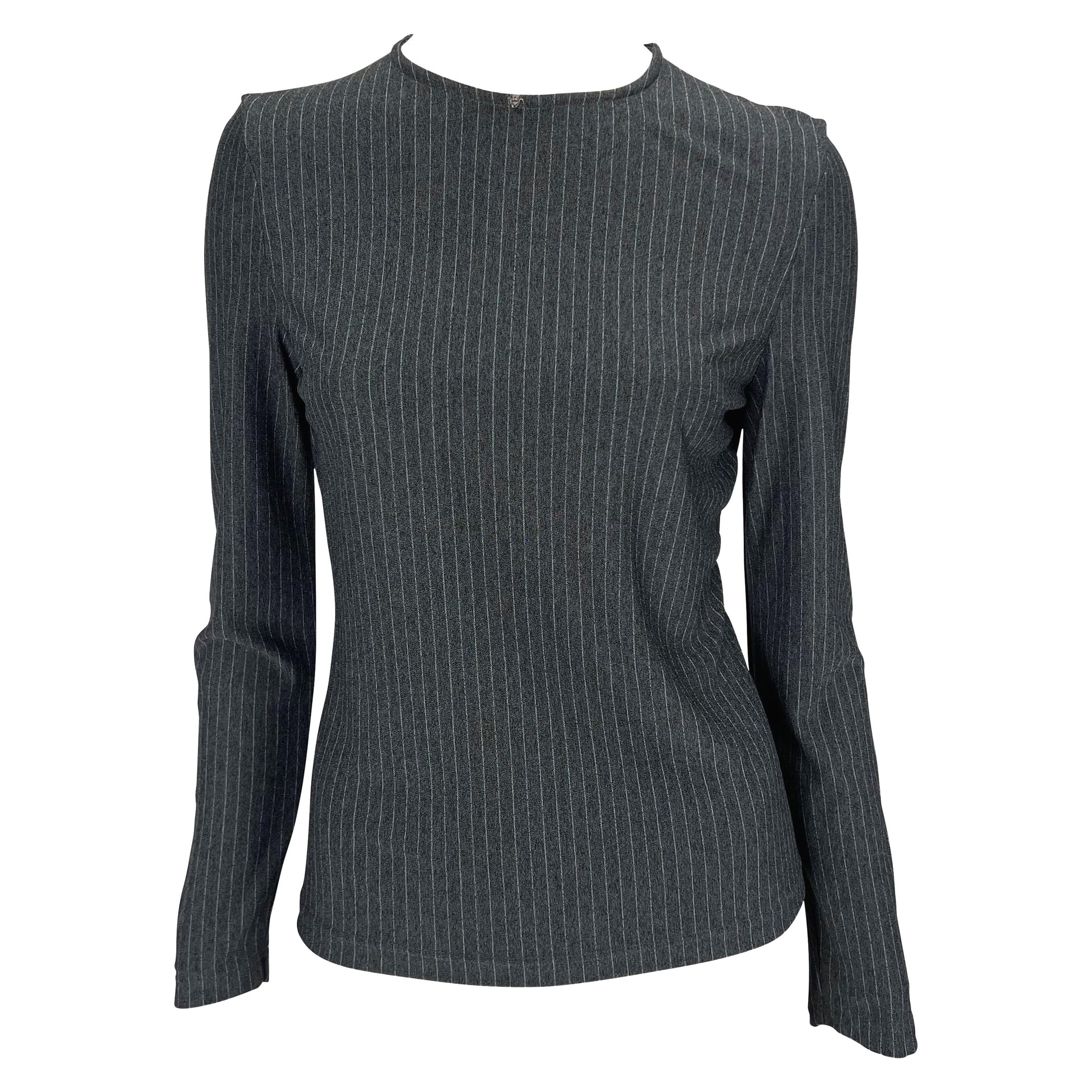 1990s Gianni Versace Couture Grey Pinstripe Stretch Medusa Blouse