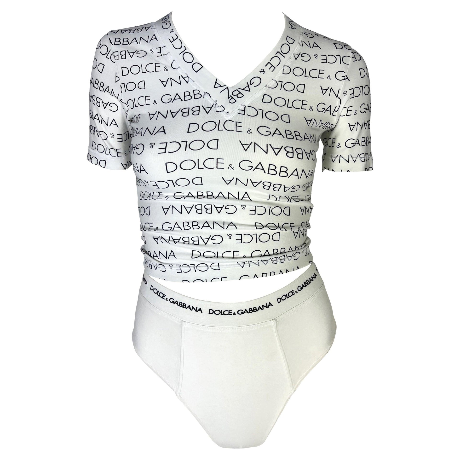 S/S 1995 Dolce & Gabbana White Logo Print Stretch V-Neck Brief Set