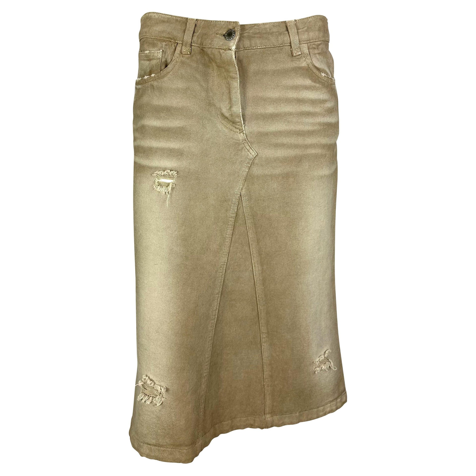 Early 2000s Dolce & Gabbana Beige Distressed Denim Mid-Length Skirt
