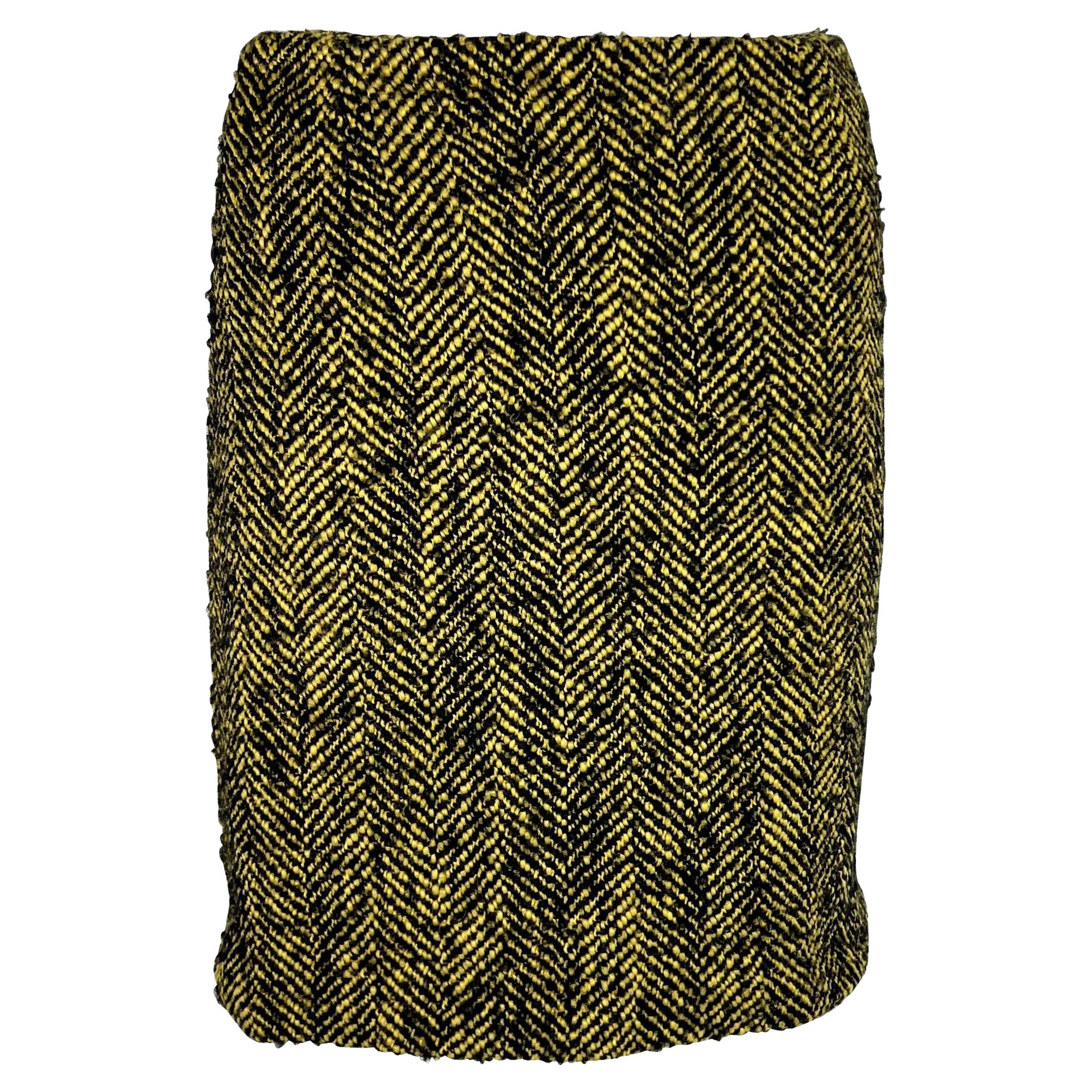 1990s Gianni Versace Couture Black Yellow Chevron Tweed Skirt