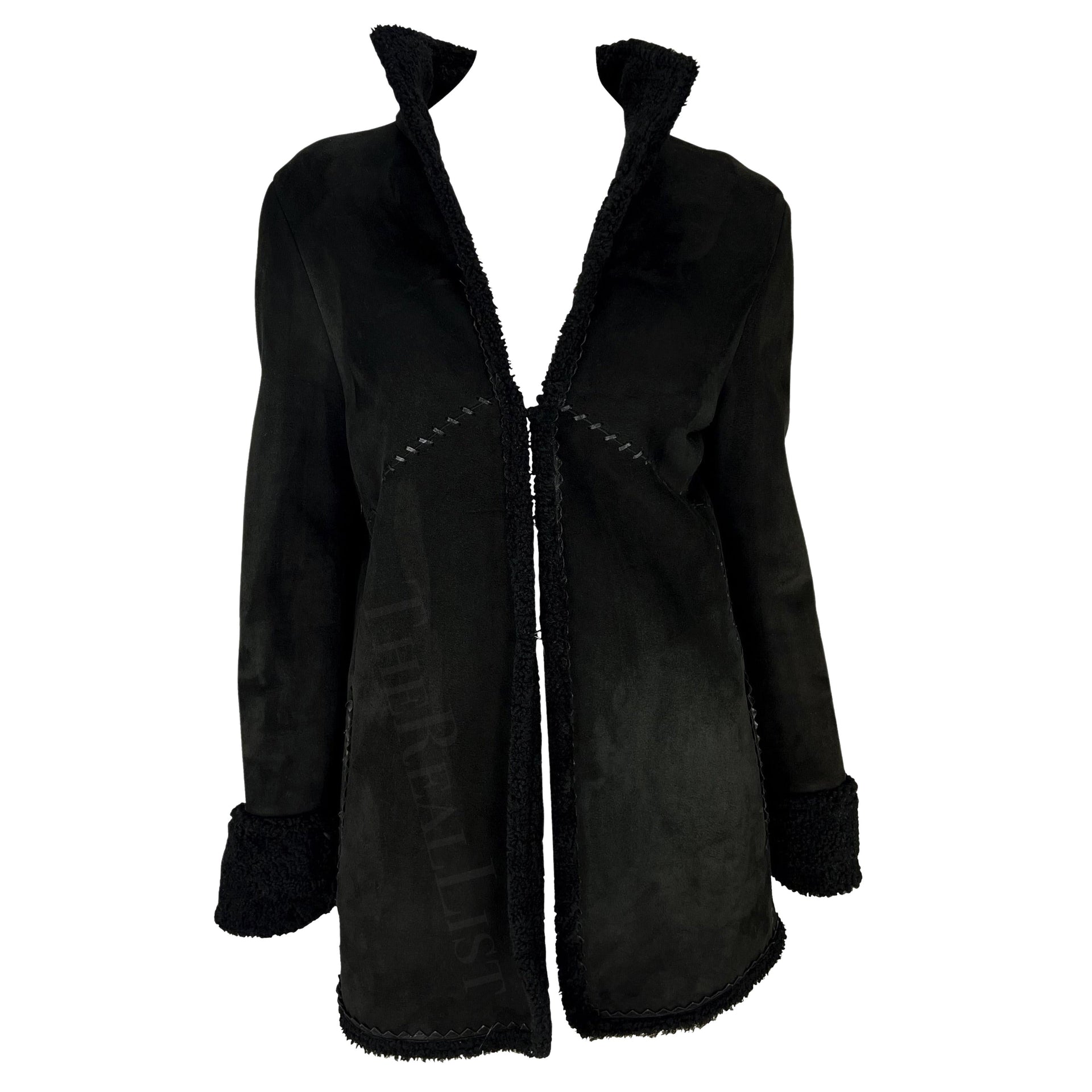 F/W 2002 Gianni Versace by Donatella Black Shearling Woven Leather Jacket
