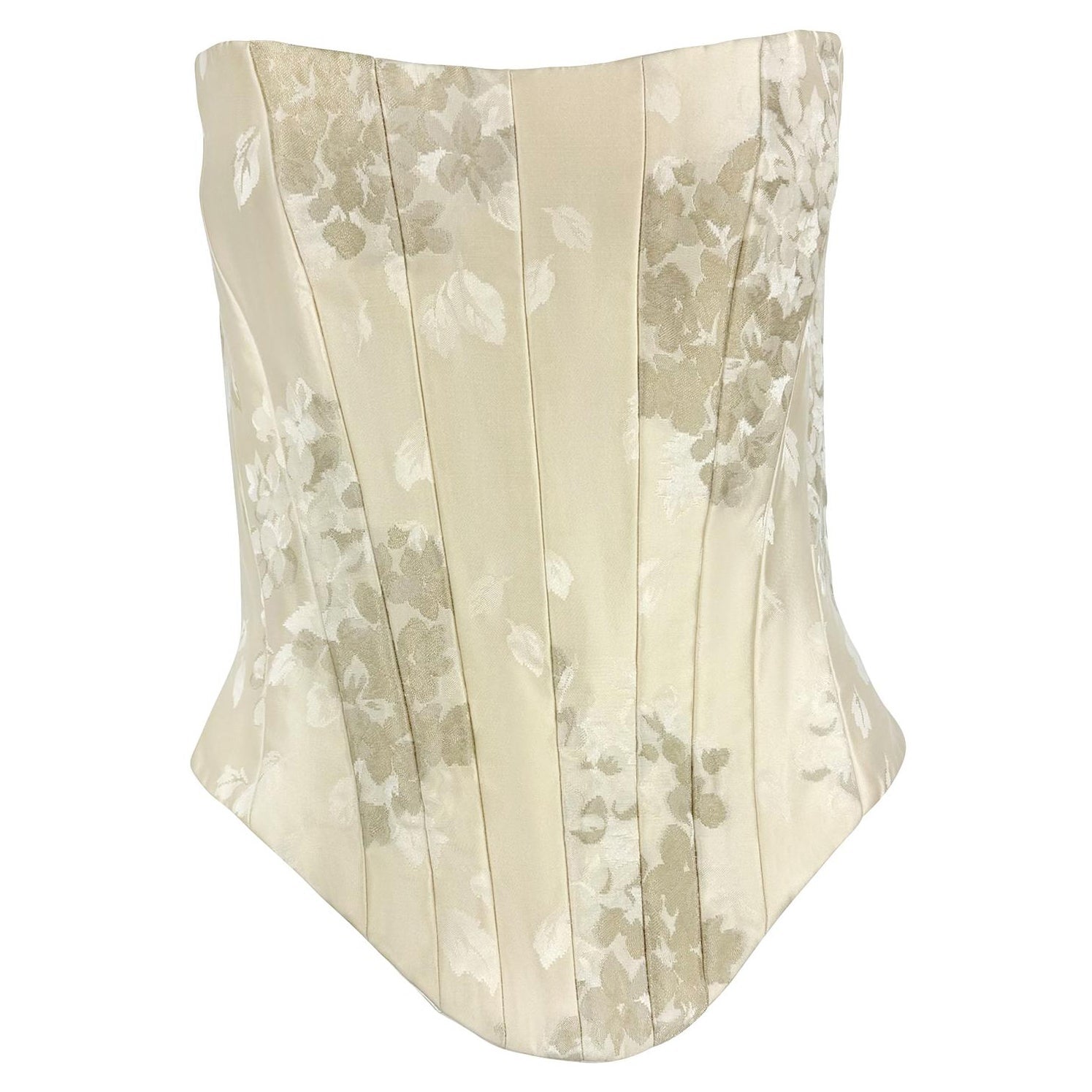 2000s Christian Lacroix Bridal Off-White Floral Satin Strapless Corset Top