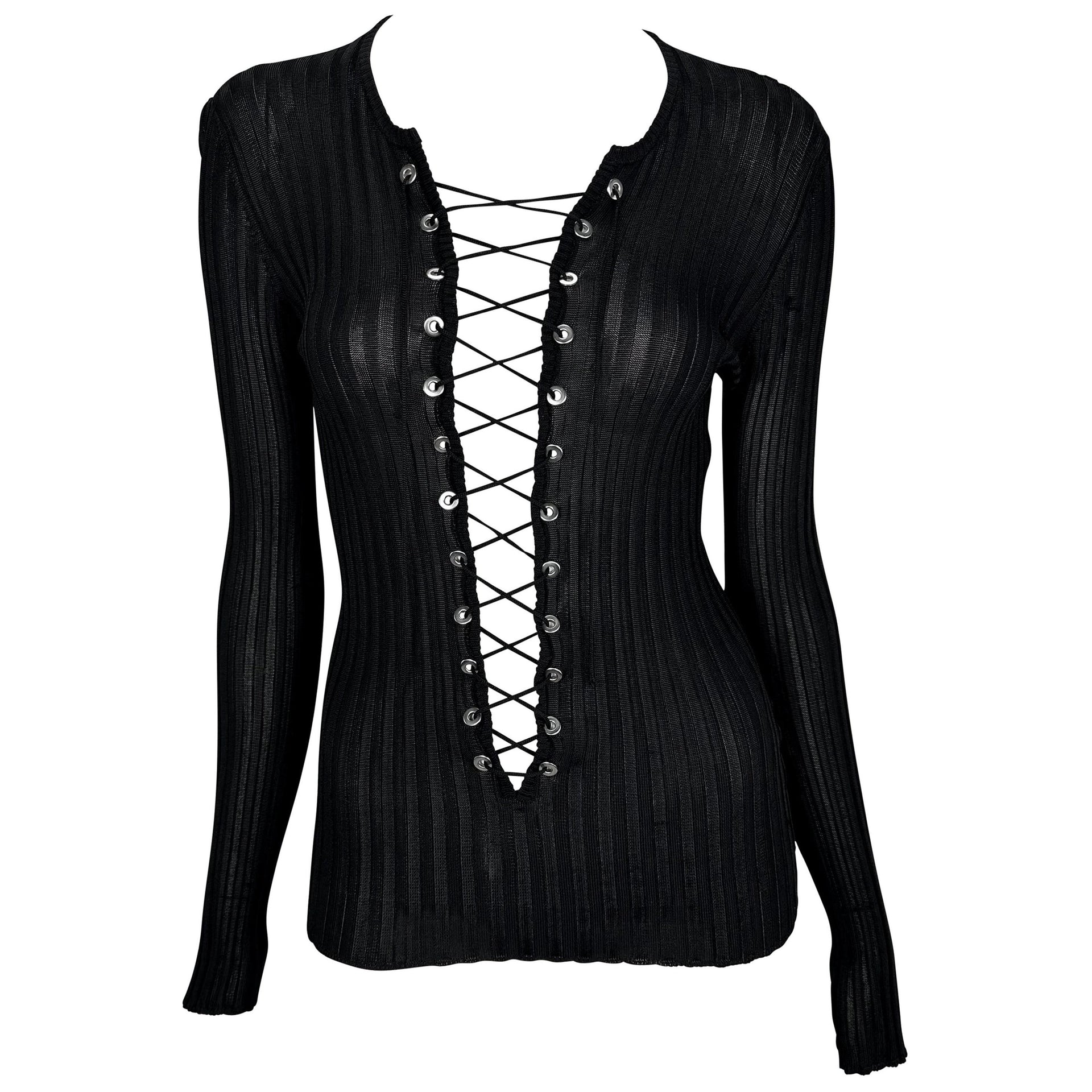 2000s Dolce & Gabbana Plunging Lace-Up Sheer Ribbed Black Long Sleeve Shirt