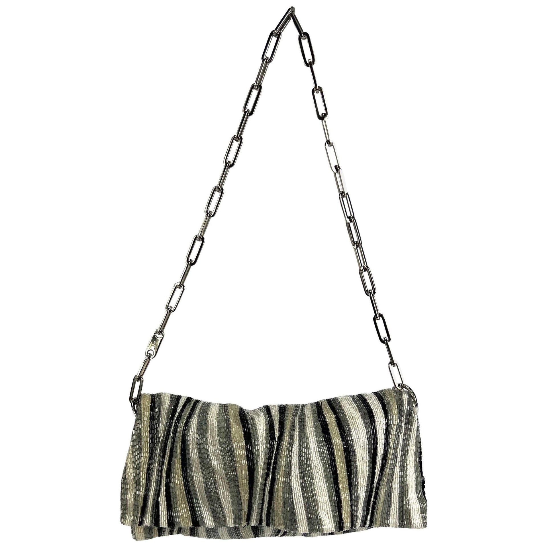 S/S 2000 Gucci by Tom Ford White Grey Beaded Abstract Pattern Chain Flap Bag