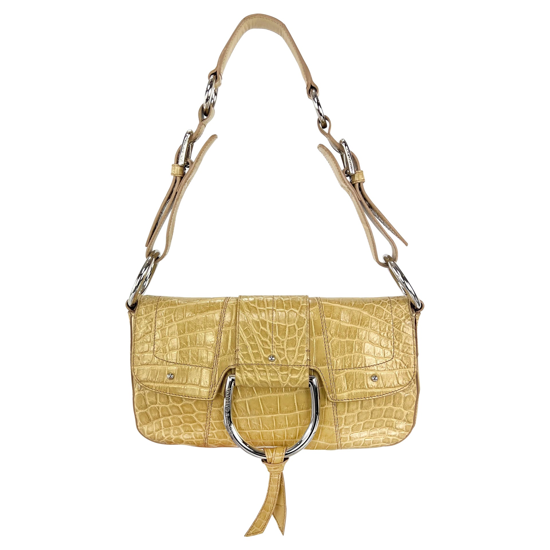 2004 Dolce & Gabbana Genuine Crocodile Tan Large Ring Flap Medium Shoulder Bag