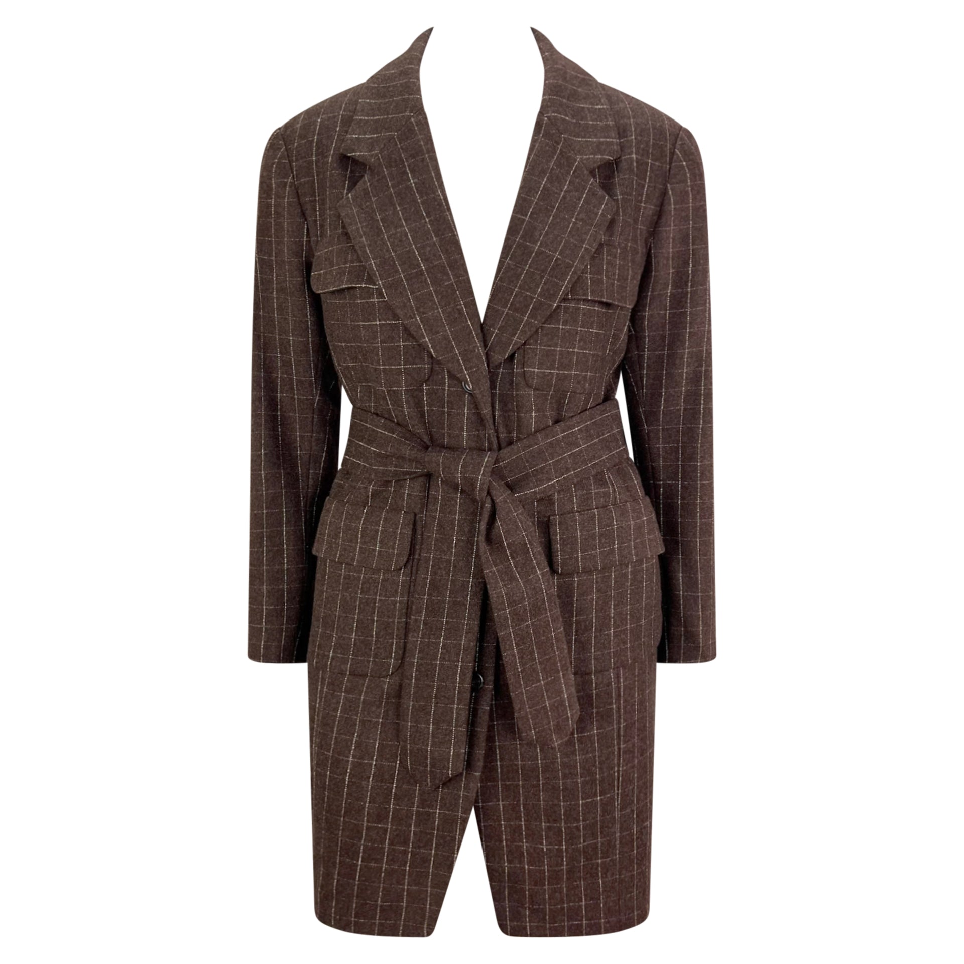 F/W 1991 Isaac Mizrahi Runway Brown Window Pane Blazer Mini Blazer Coat Dress