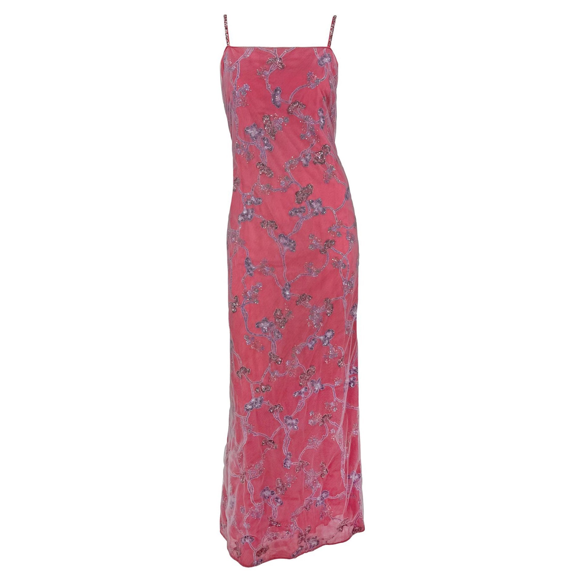 S/S 1999 Giorgio Armani Runway Pink Floral Sequin Embroidery Mesh Overlay Gown