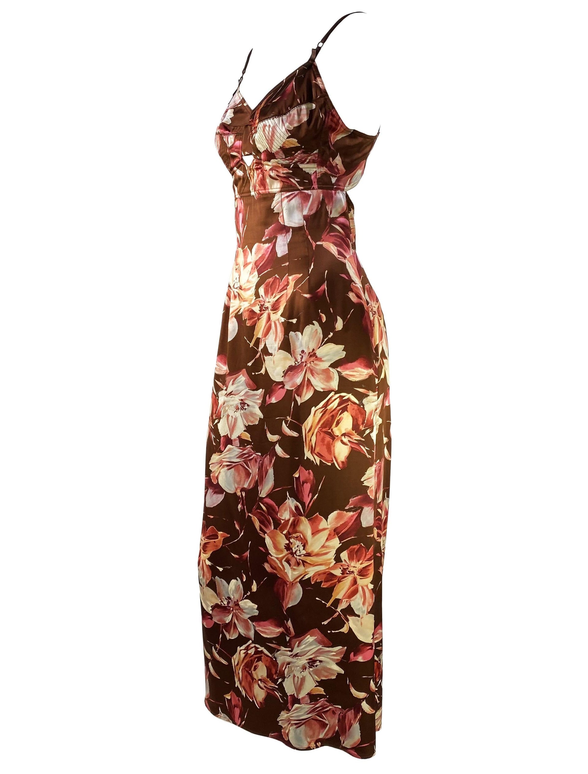 S/S 1997 Dolce & Gabbana Floral Brown Silk Bustier Strap Pin-Up Dress