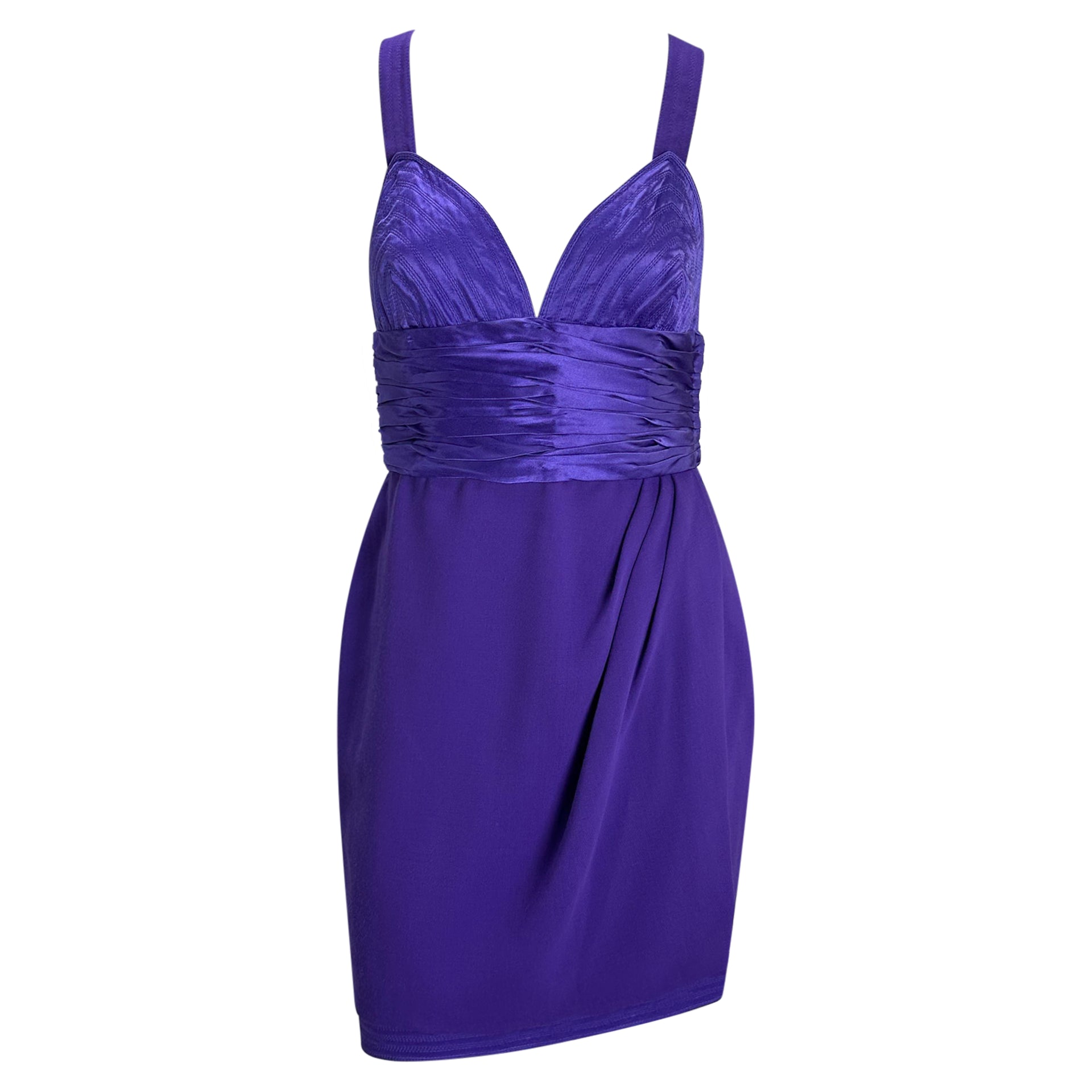 F/W 1990 Gianni Versace Runway Ruched Purple Satin Trim Wrap Mini Dress