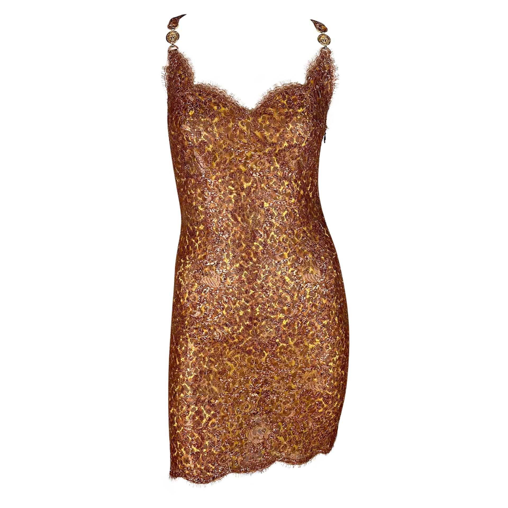 S/S 1996 Atelier Versace Haute Couture Copper Lace Leopard Rhinestone Mini Dress