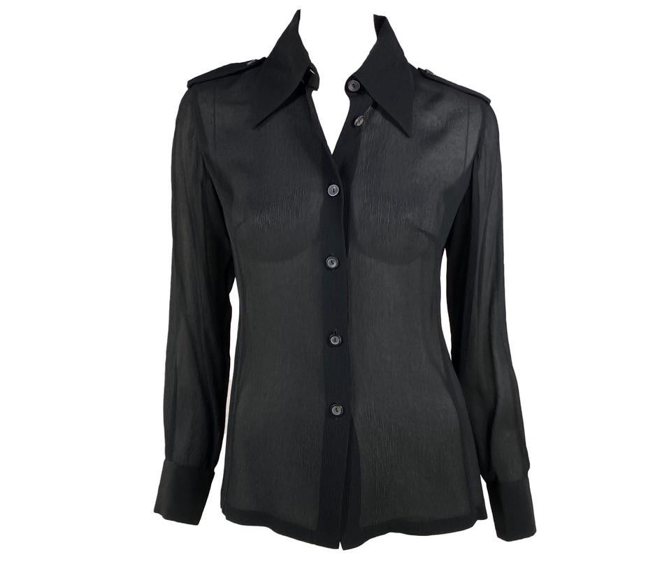S/S 1996 Gucci by Tom Ford Sheer Black Crepe Silk Military Epaulette Button Up Top