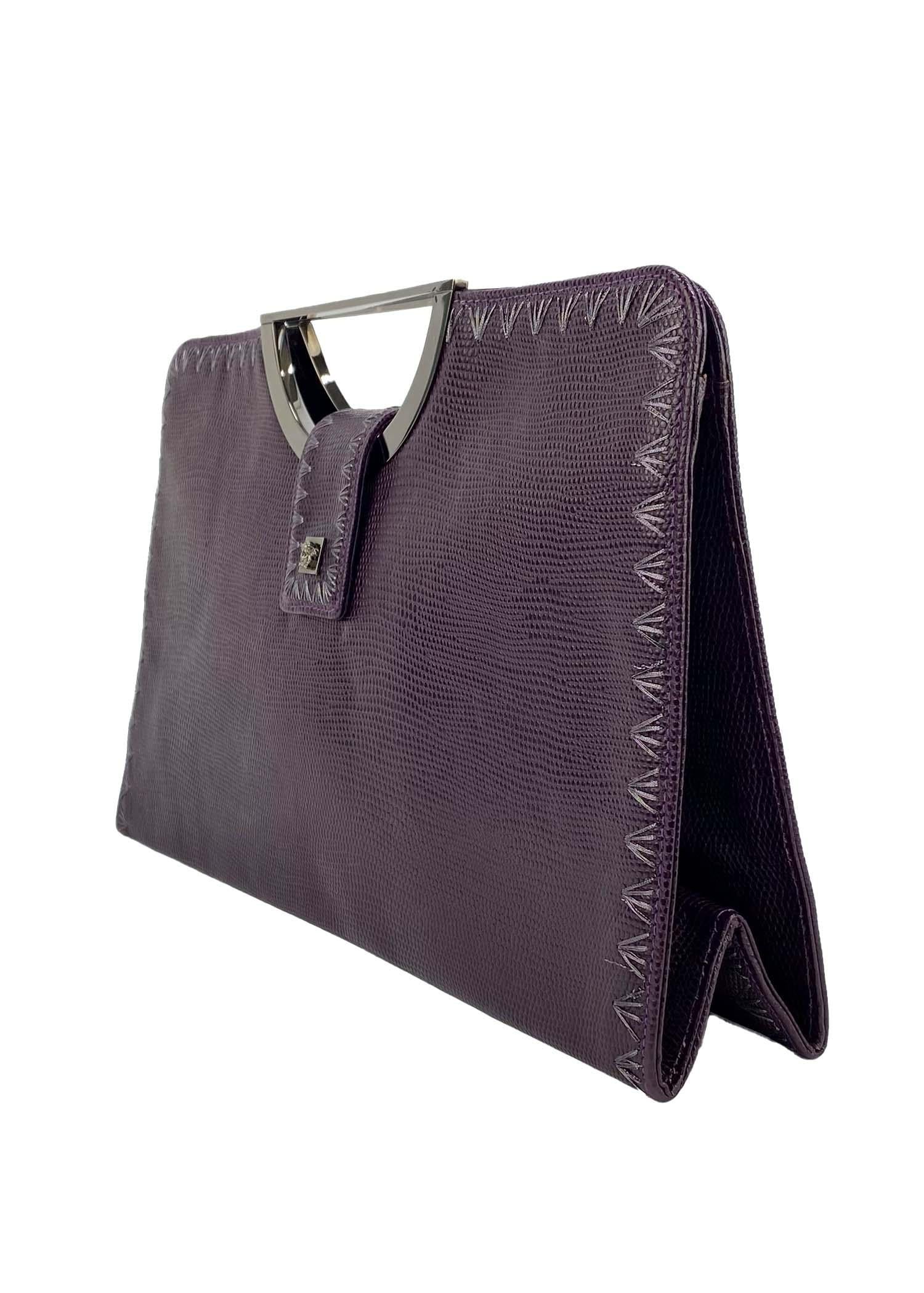 2000s Gianni Versace by Donatella Embroidered Lizard Medusa Clutch Strap Y2K