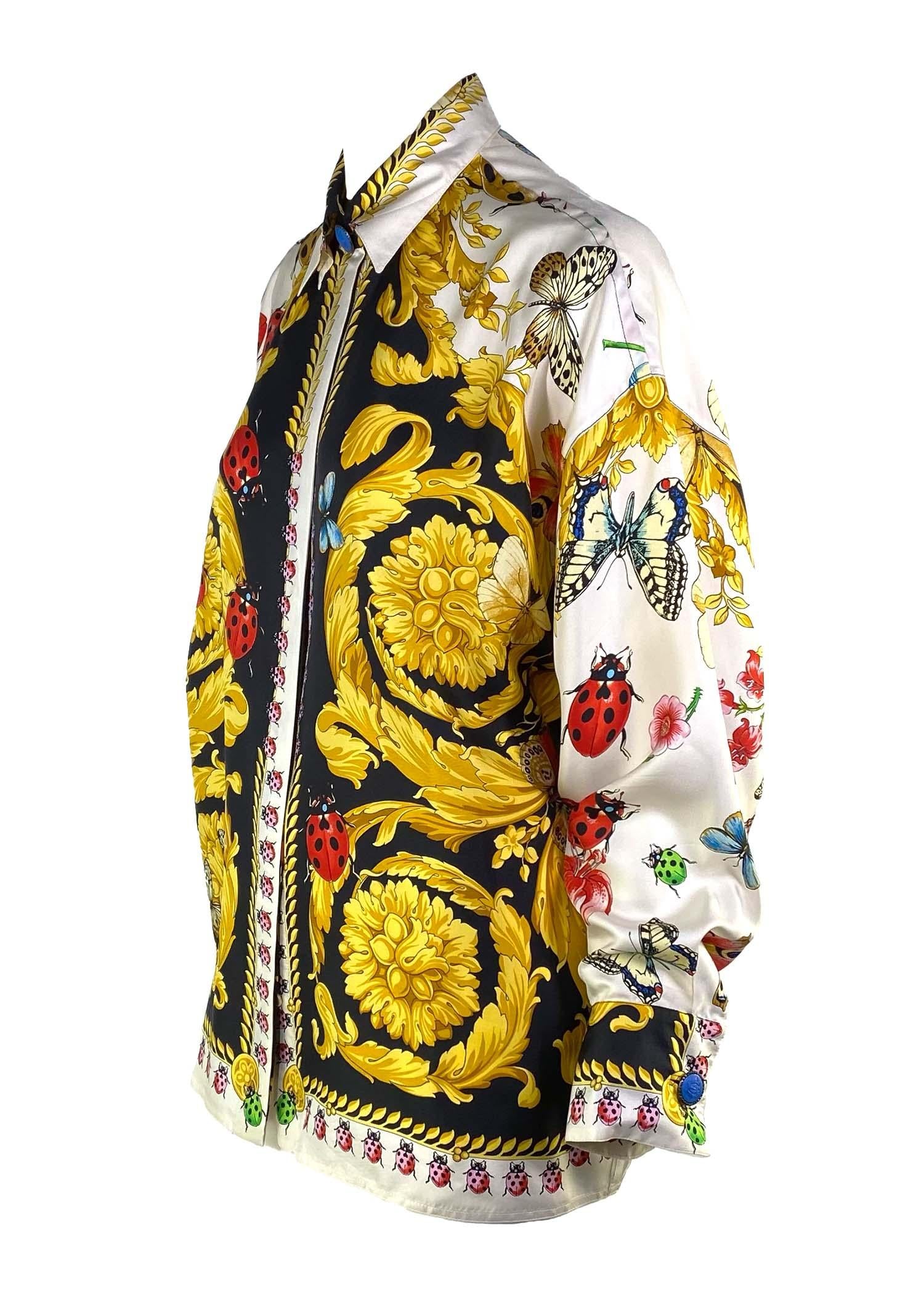 S/S 1995 Gianni Versace Couture Lady Bug Garden Baroque Print Button Up Silk Shirt