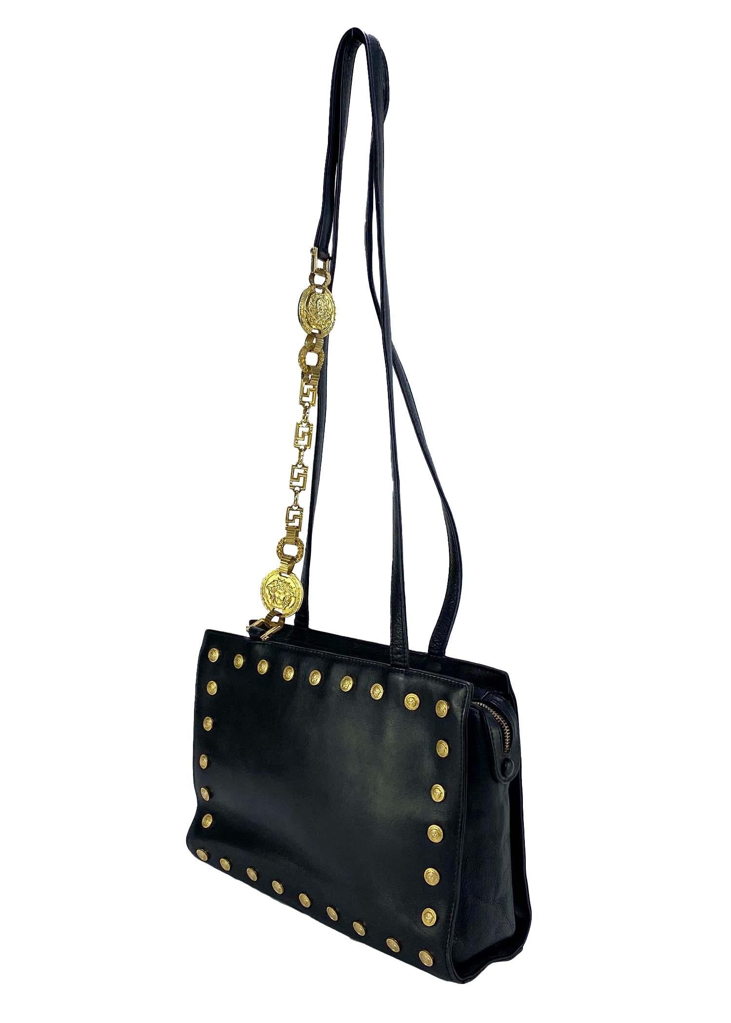 1990s Gianni Versace Couture Small Medallion Black Leather Chain Bag