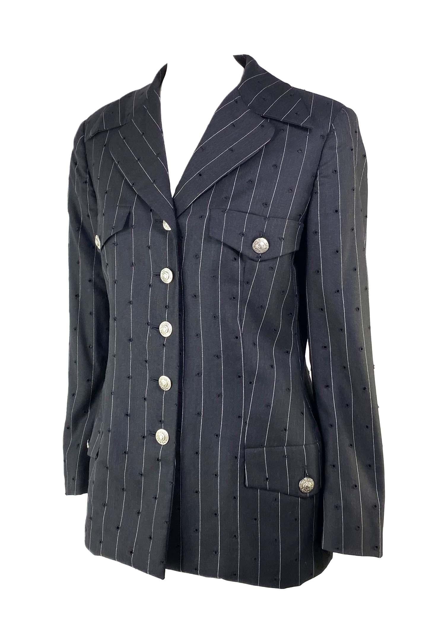 S/S 1994 Gianni Versace Couture Perforated Punk Pinstripe Medusa Wool Blazer