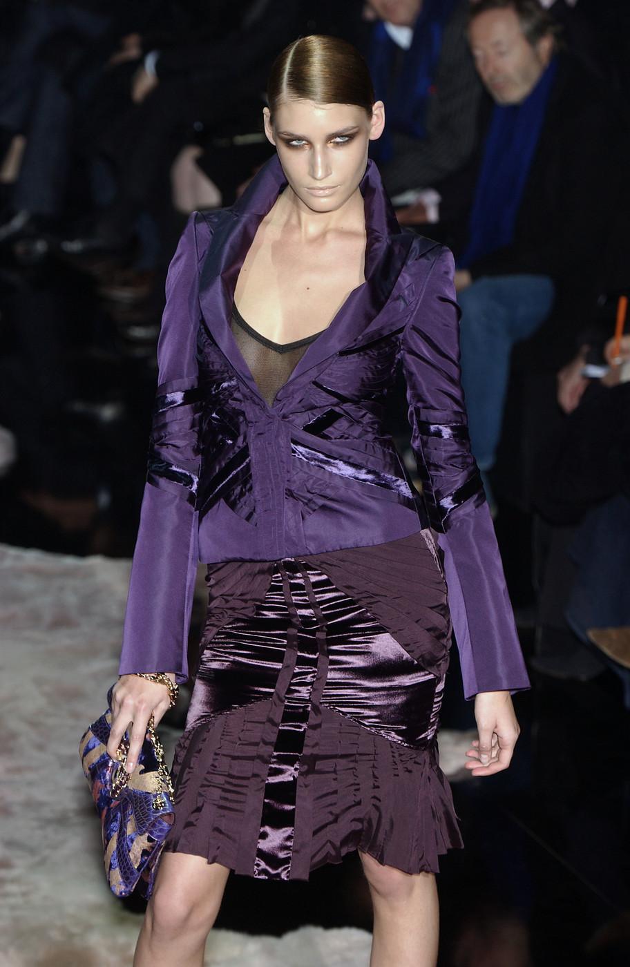 F/W 2004 Gucci by Tom Ford Purple Burgundy Velvet Silk Ribbon Runway Skirt Suit