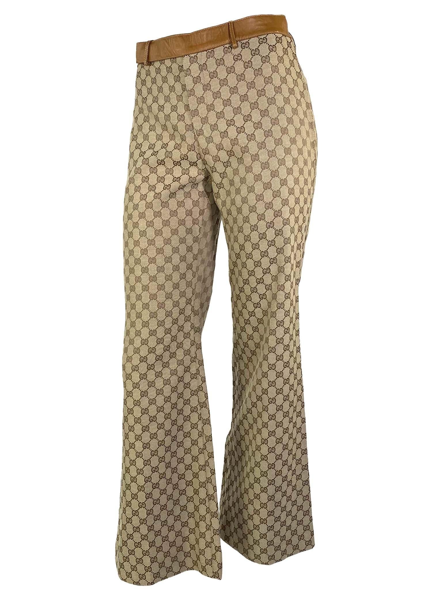 F/W 2000 Gucci by Tom Ford GG Monogram Leather Trimmed Wide Leg Pants Y2K