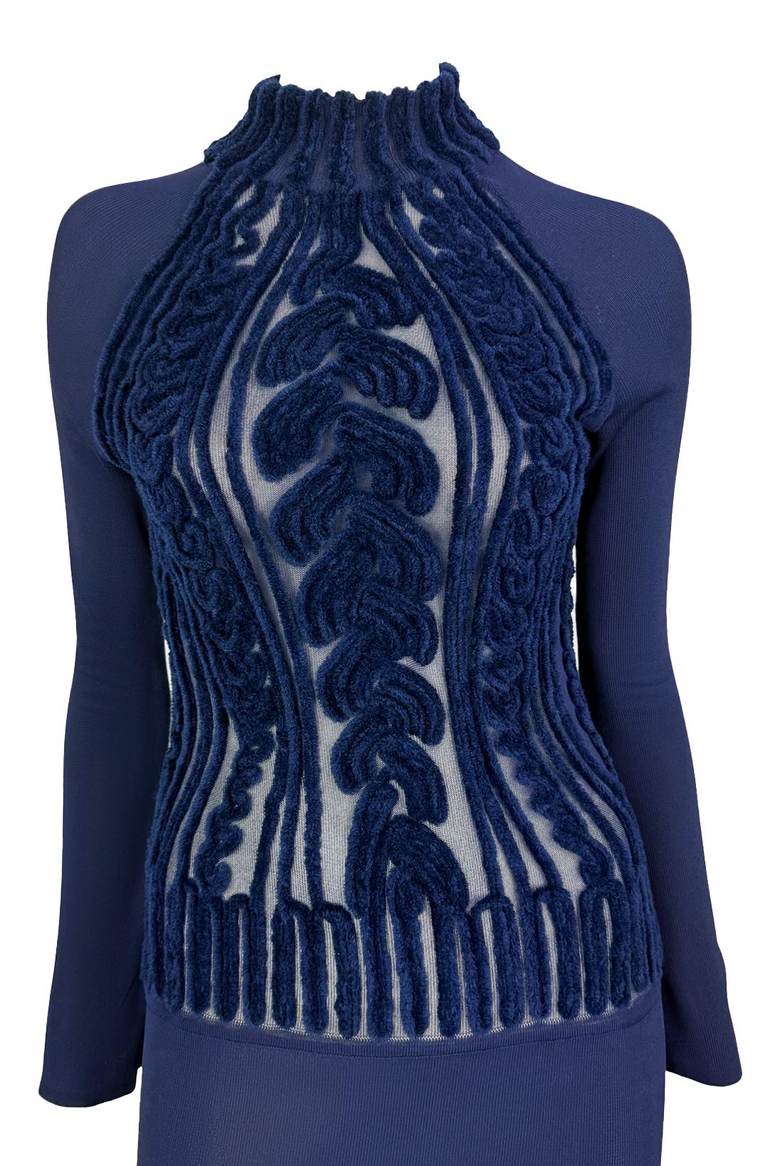 1990s Thierry Mugler Sheer Velvet Devoré Faux Cable-Knit Navy Blue Bodycon Gown