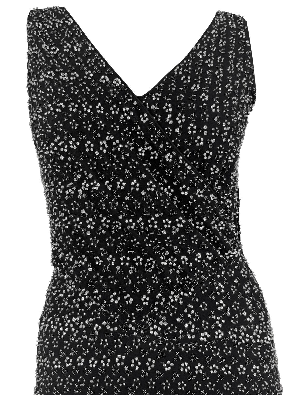 F/W 1998 Giorgio Armani Black Silk Silver Floral Beaded Sleeveless Gown