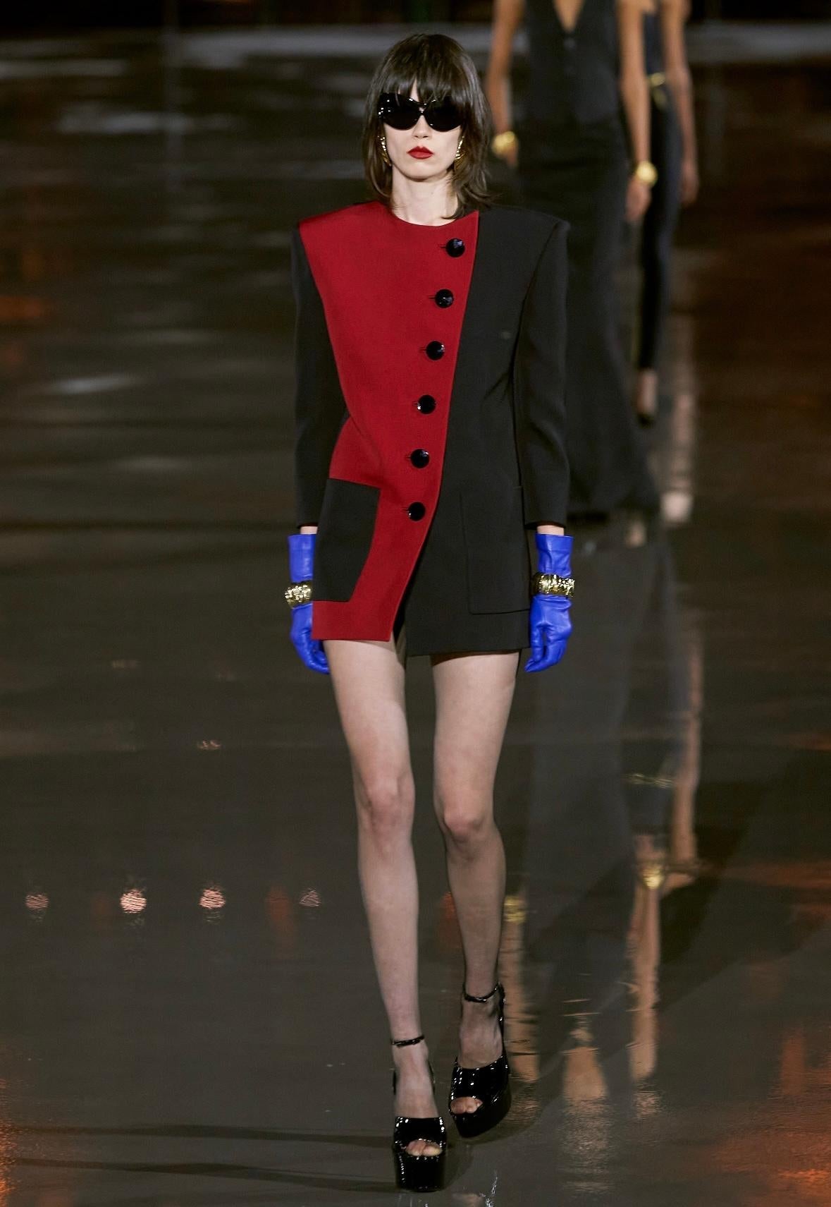 S/S 1992 Yves Saint Laurent Red Color-Block Black Mini Coat Dress Blazer Jacket