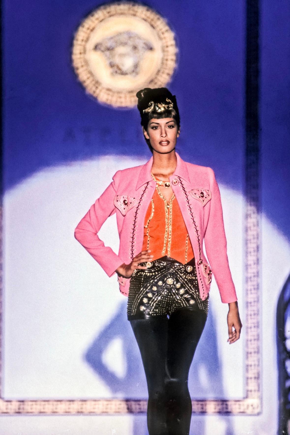 F/W 1992 Atelier Versace Haute Couture Runway Medusa Studded Leather Shorts