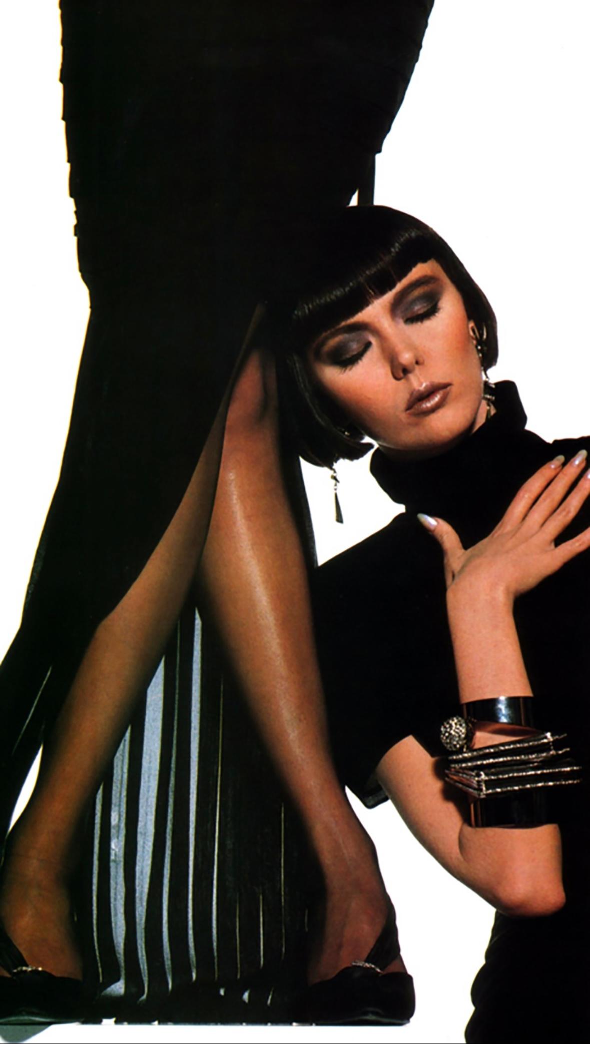 S/S 1987 Gianni Versace Runway Ad Black Pleated Sheer Slit Silk Gown