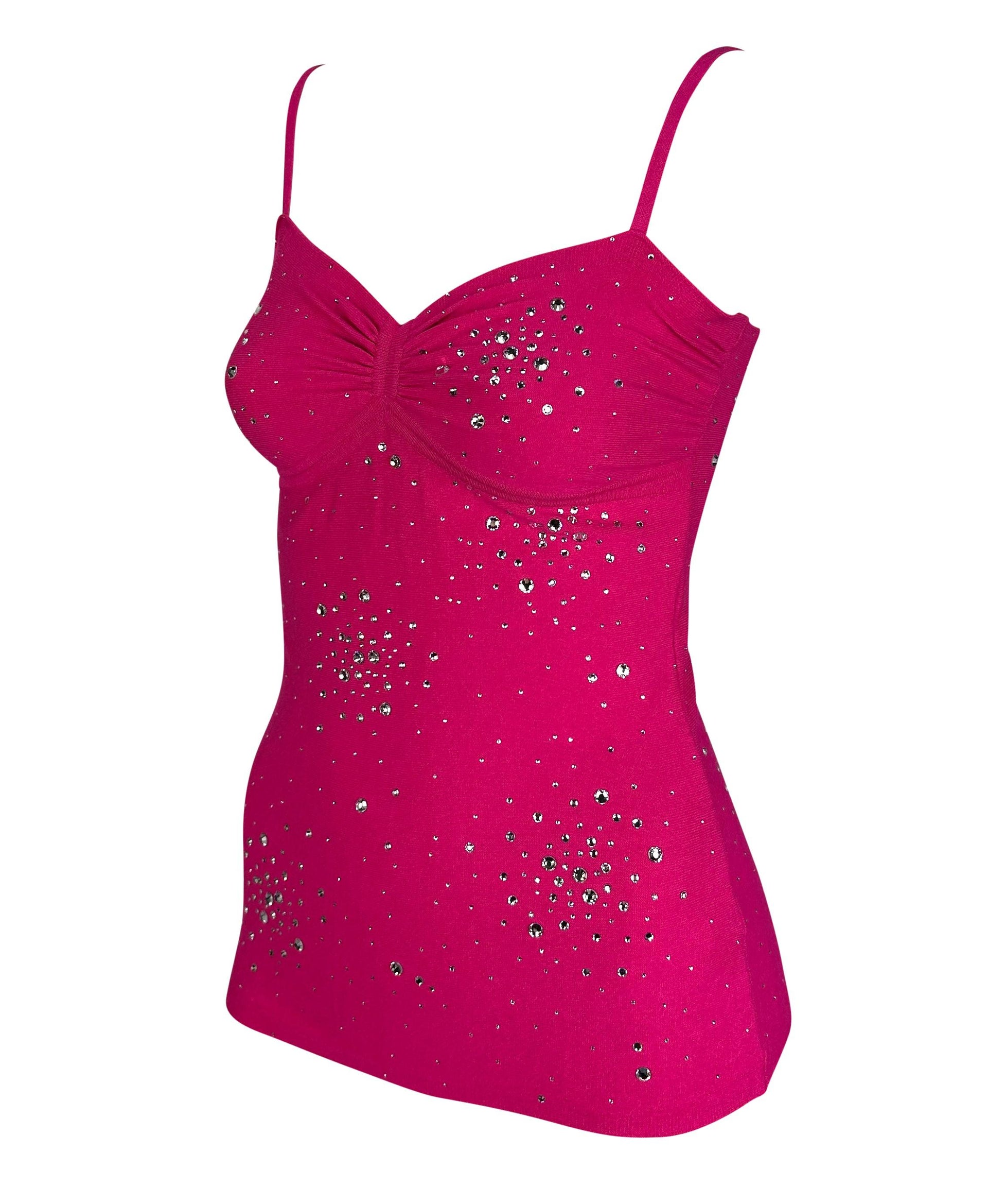 S/S 2005 Versace by Donatella Hot Pink Rhinestone Stretch Knit Tank Top