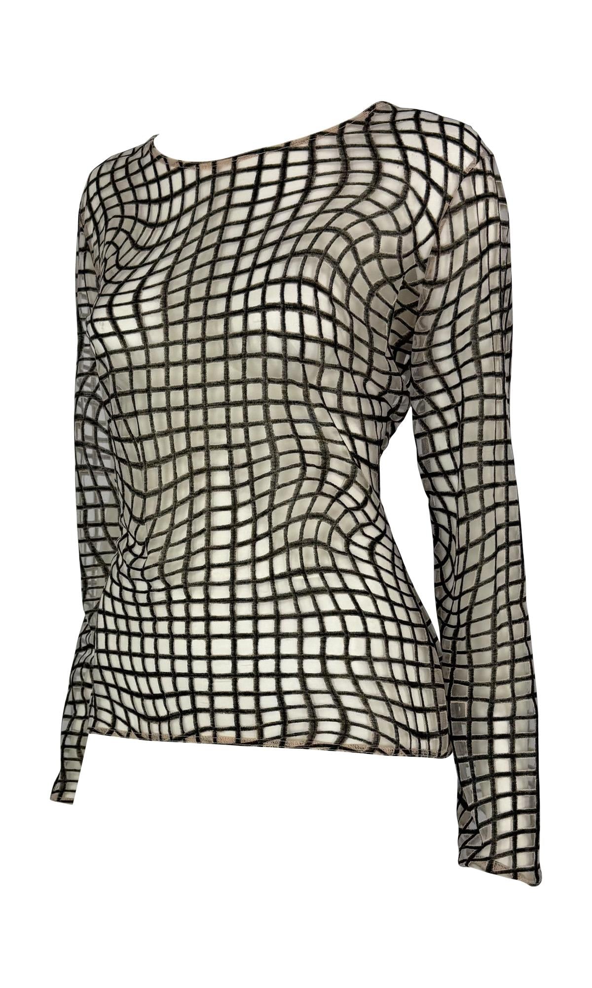1990s Thierry Mugler Sheer Beige Mesh Op Art Print Long Sleeve Shirt
