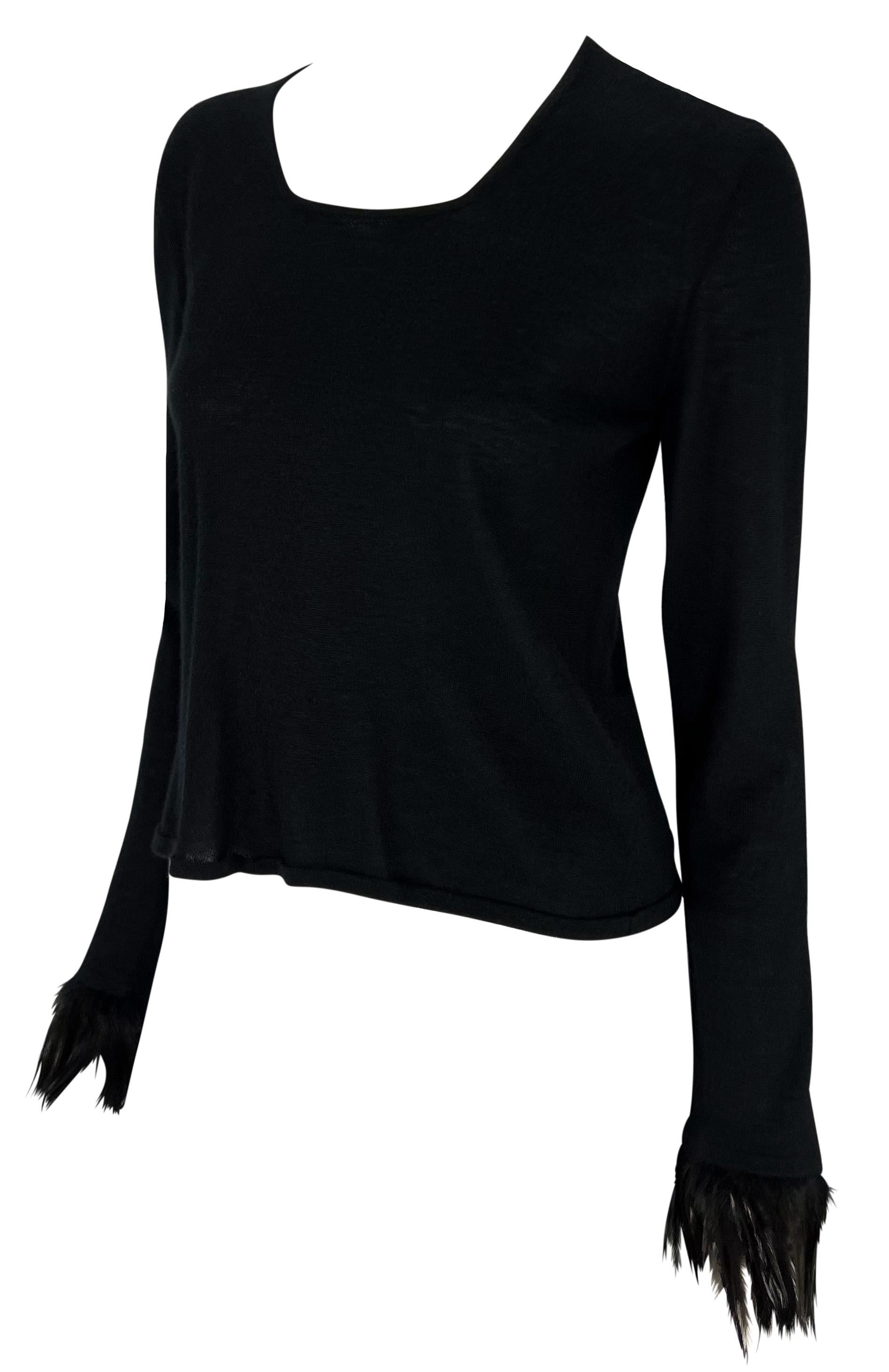 S/S 1999 Gucci by Tom Ford Feather Trim Cuff Black Stretch Knit Long Sleeve Top