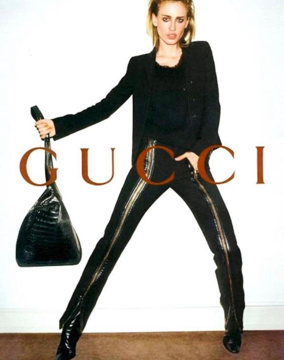 F/W 2001 Gucci by Tom Ford Runway Double Zip-Up Leather Pocket Black Wool Pants