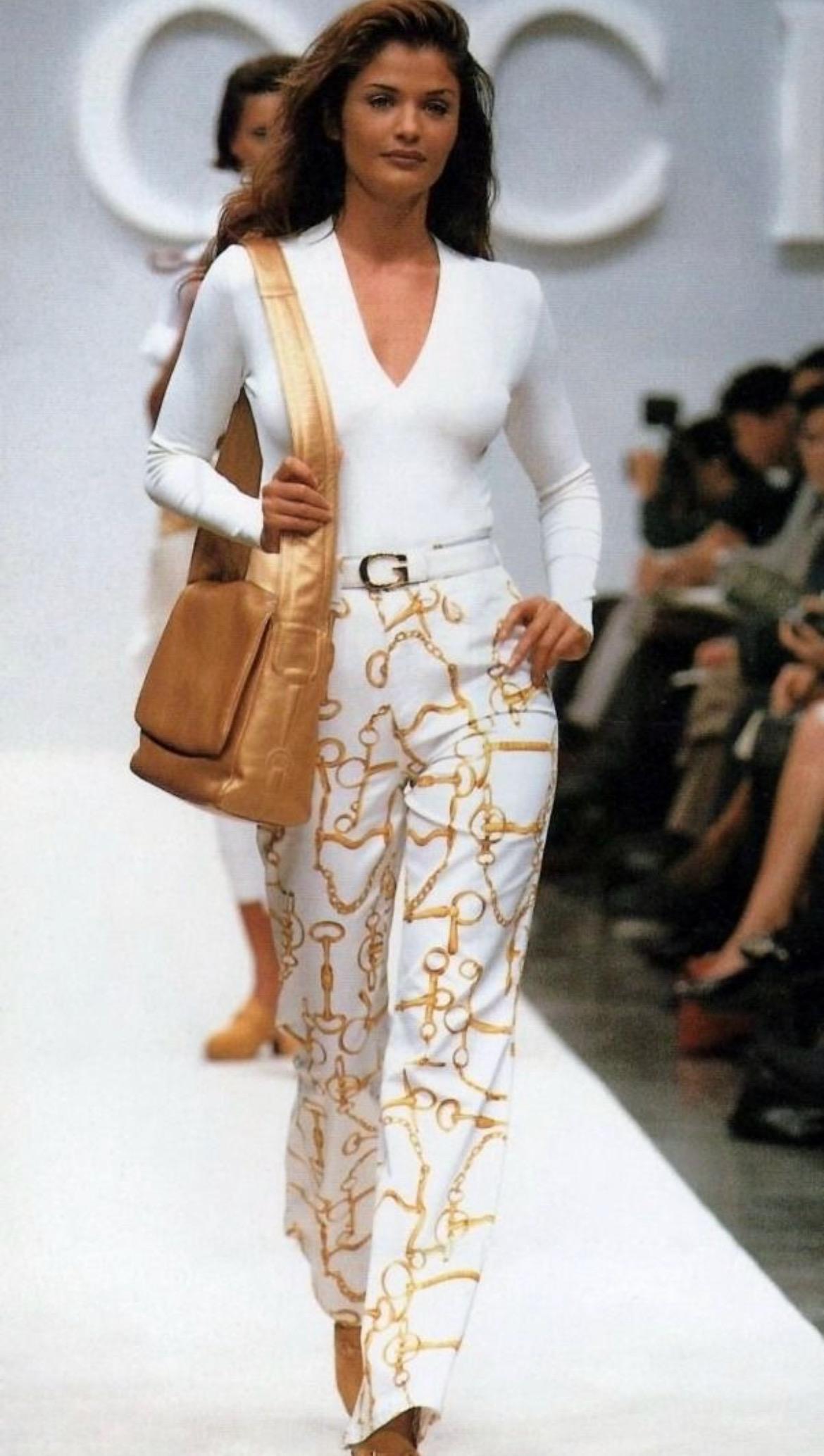 S/S 1993 Gucci White Gold Horsebit Chain Print High-Waisted Jean Pants