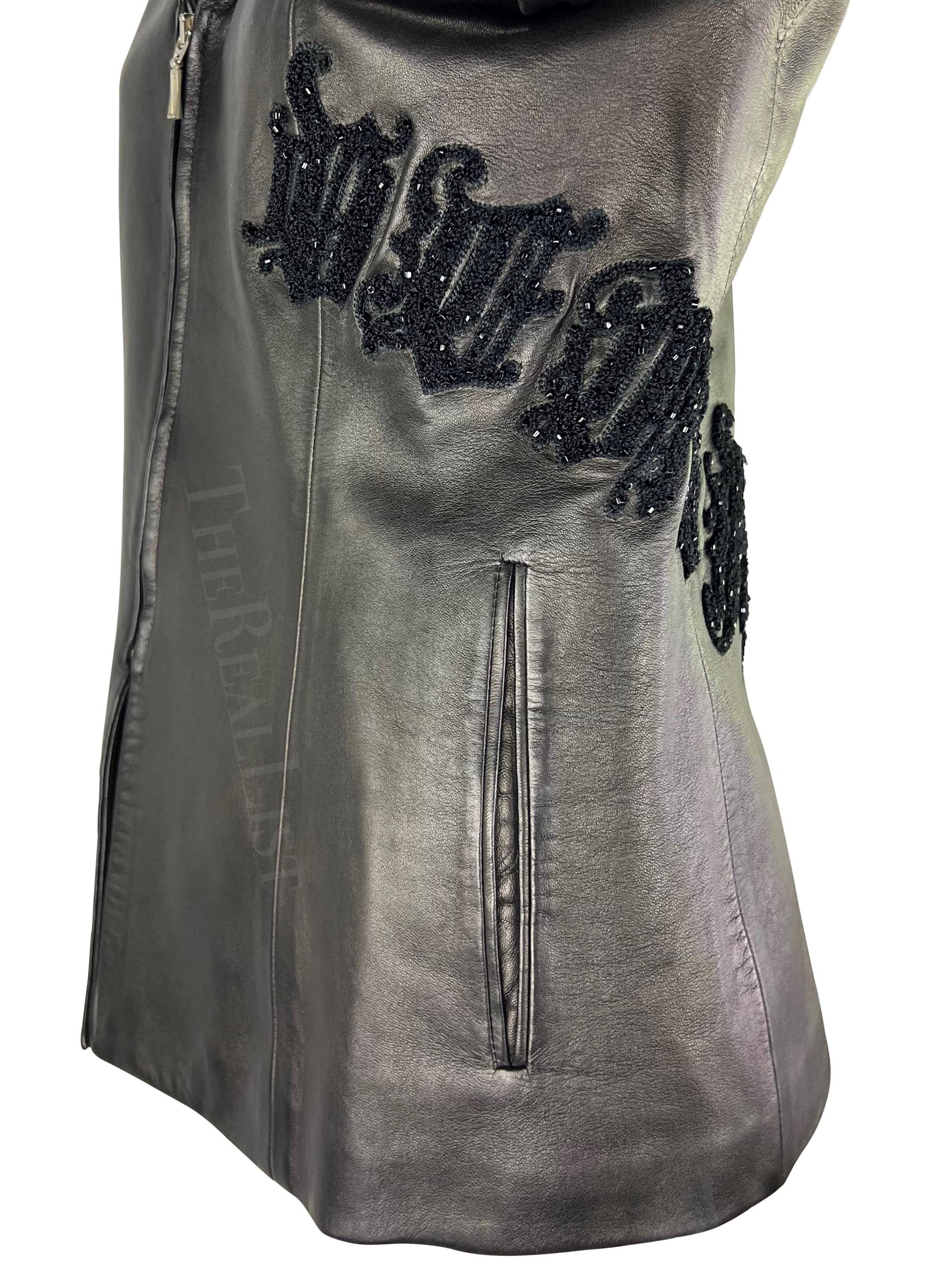 F/W 1999 Gianni Versace by Donatella Logo Embroidered Black Leather Jacket