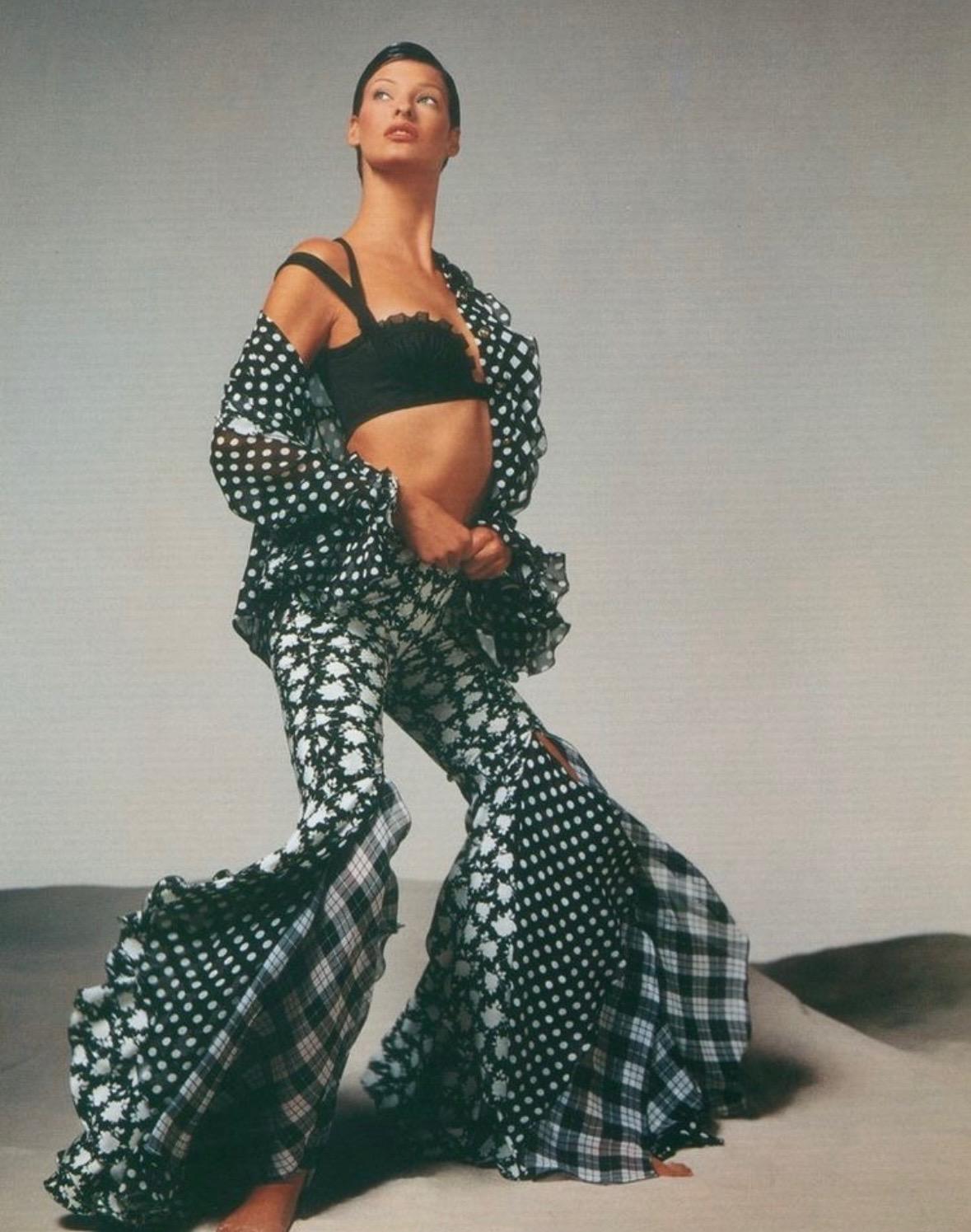 S/S 1993 Gianni Versace Runway Black White Sheer Polka Dot Floral Ruffle Button Up Top