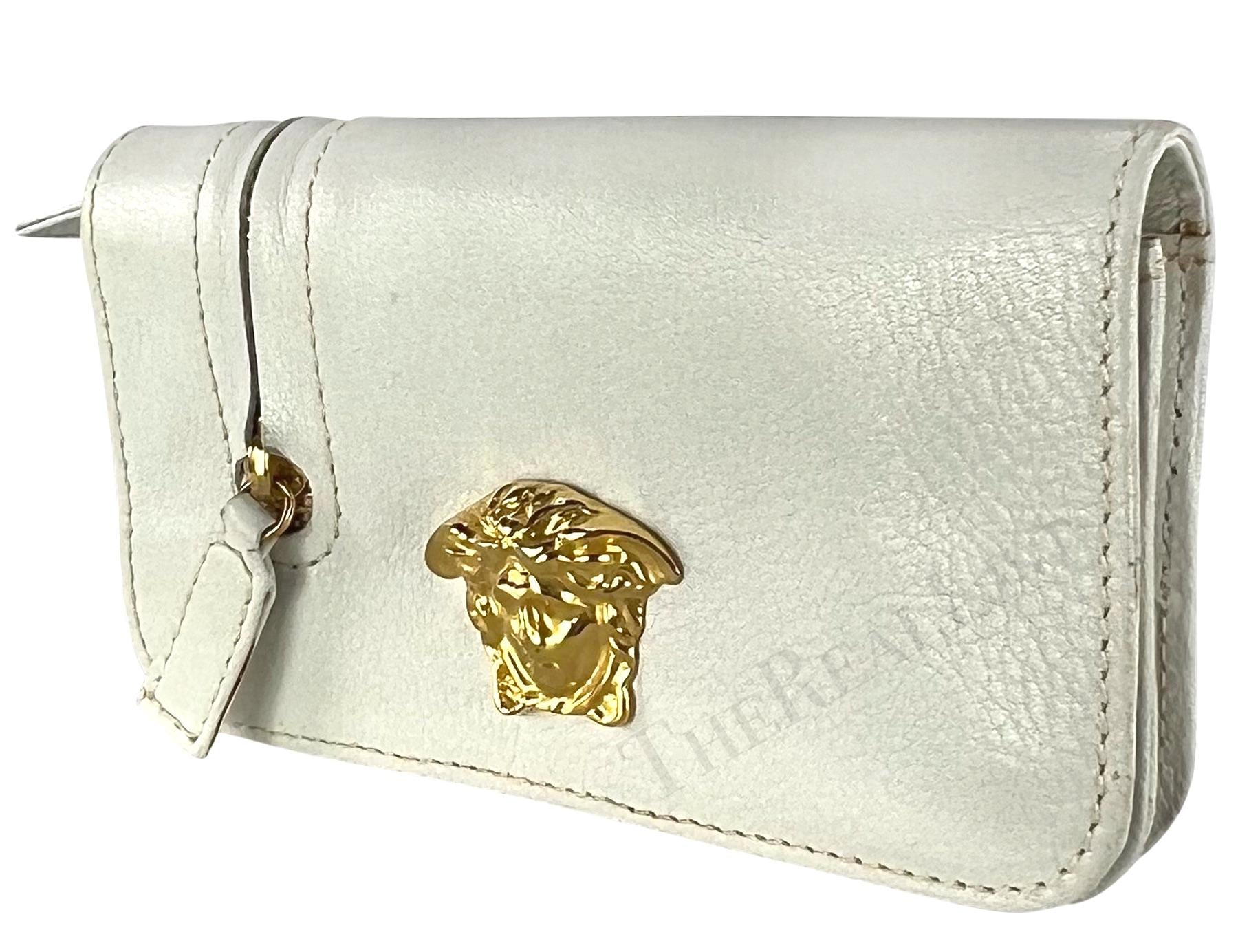 1990s Gianni Versace White Leather Gold Medusa Mini Flap Belt Bag Pouch