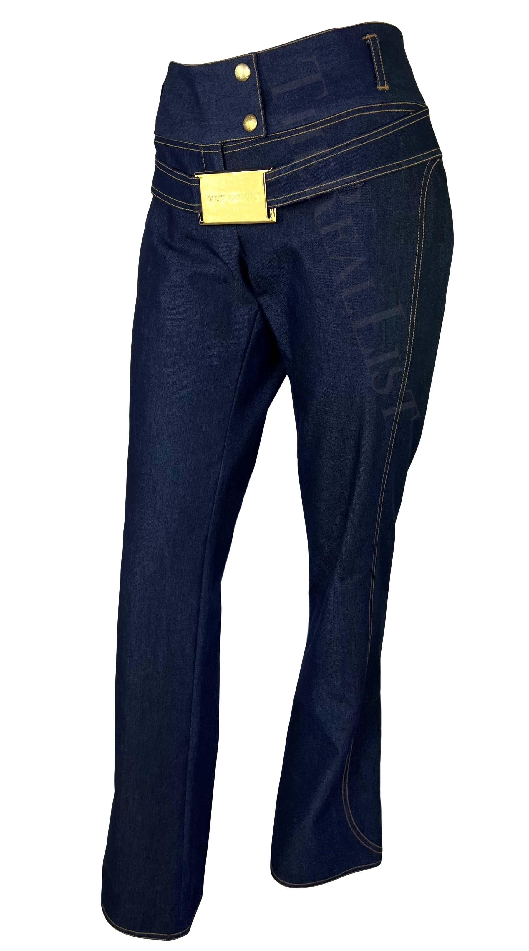 NWT S/S 2001 Dolce & Gabbana Runway Logo Gold Buckle Denim Blue Jeans