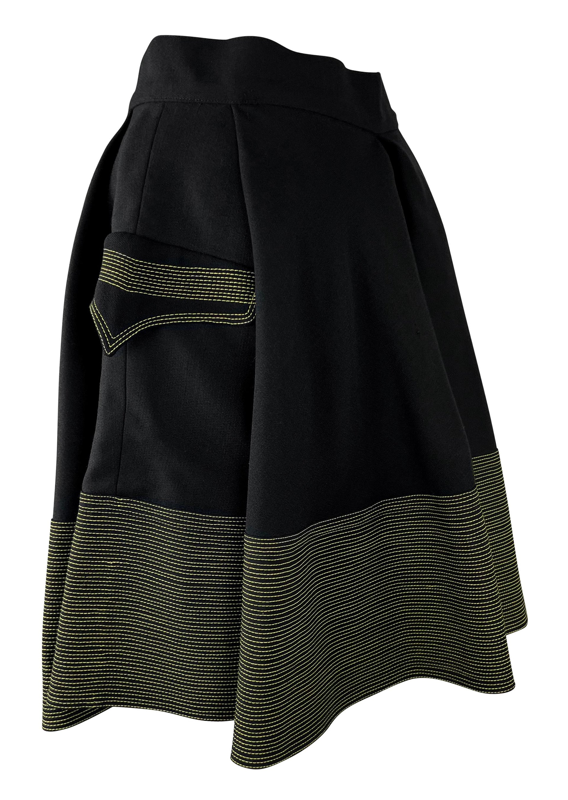 F/W 1992 Gianni Versace Black Wool Yellow Stitching Flared Skirt