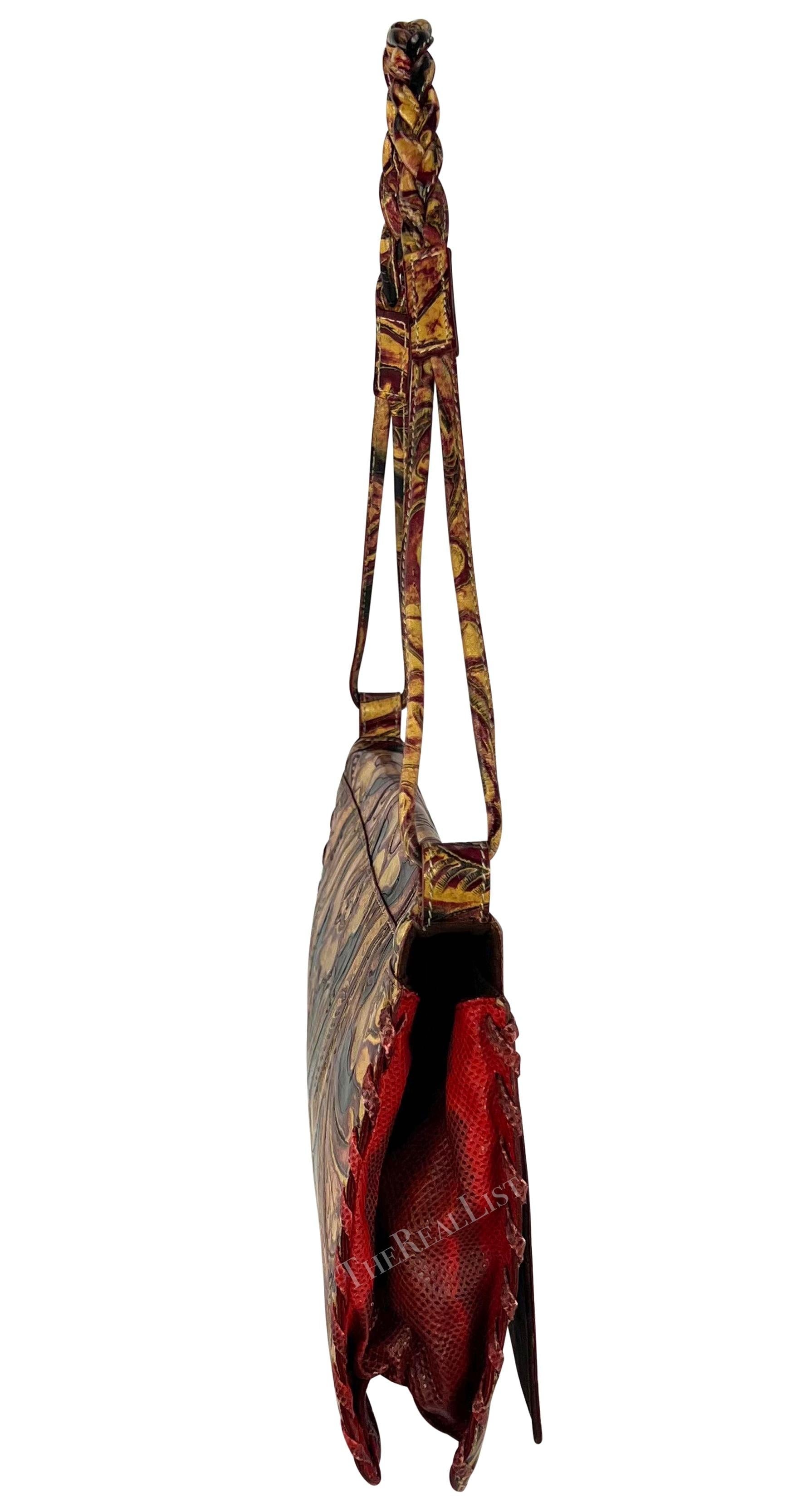 2000s Emanuel Ungaro Red Lizard Tan Tooled Floral Leather Shoulder Bag