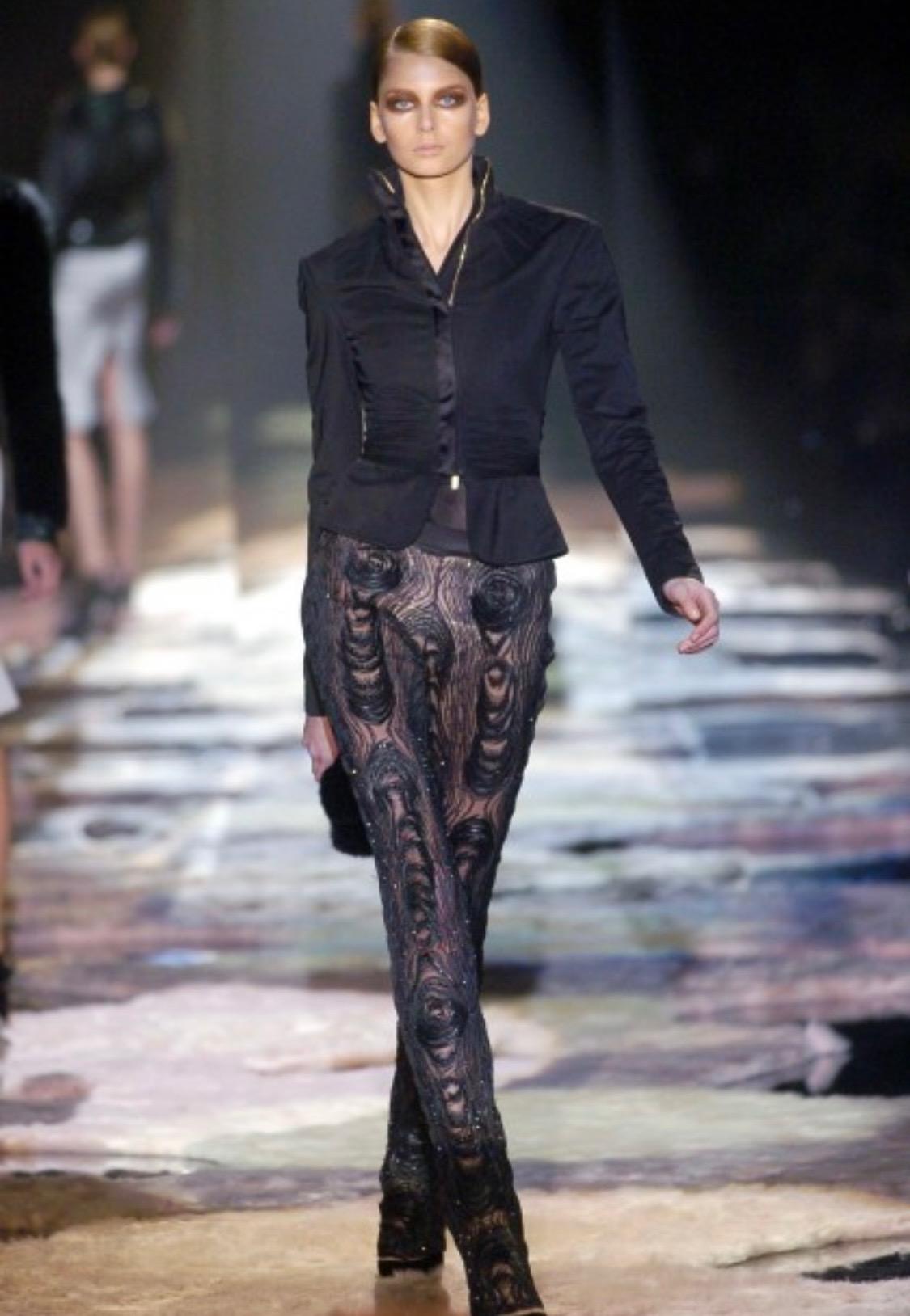 F/W 2004 Gucci by Tom Ford Runway Black Satin Trim Stretch Ruched Skirt Set