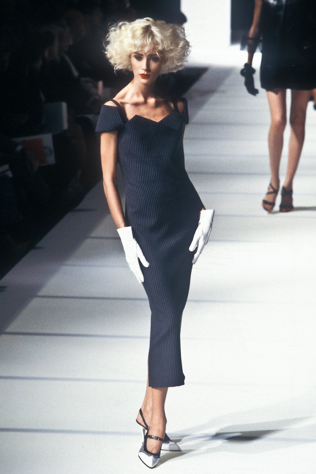 S/S 1996 Gianfranco Ferré Runway Grey Charcoal Pinstripe Off-Shoulder Dress