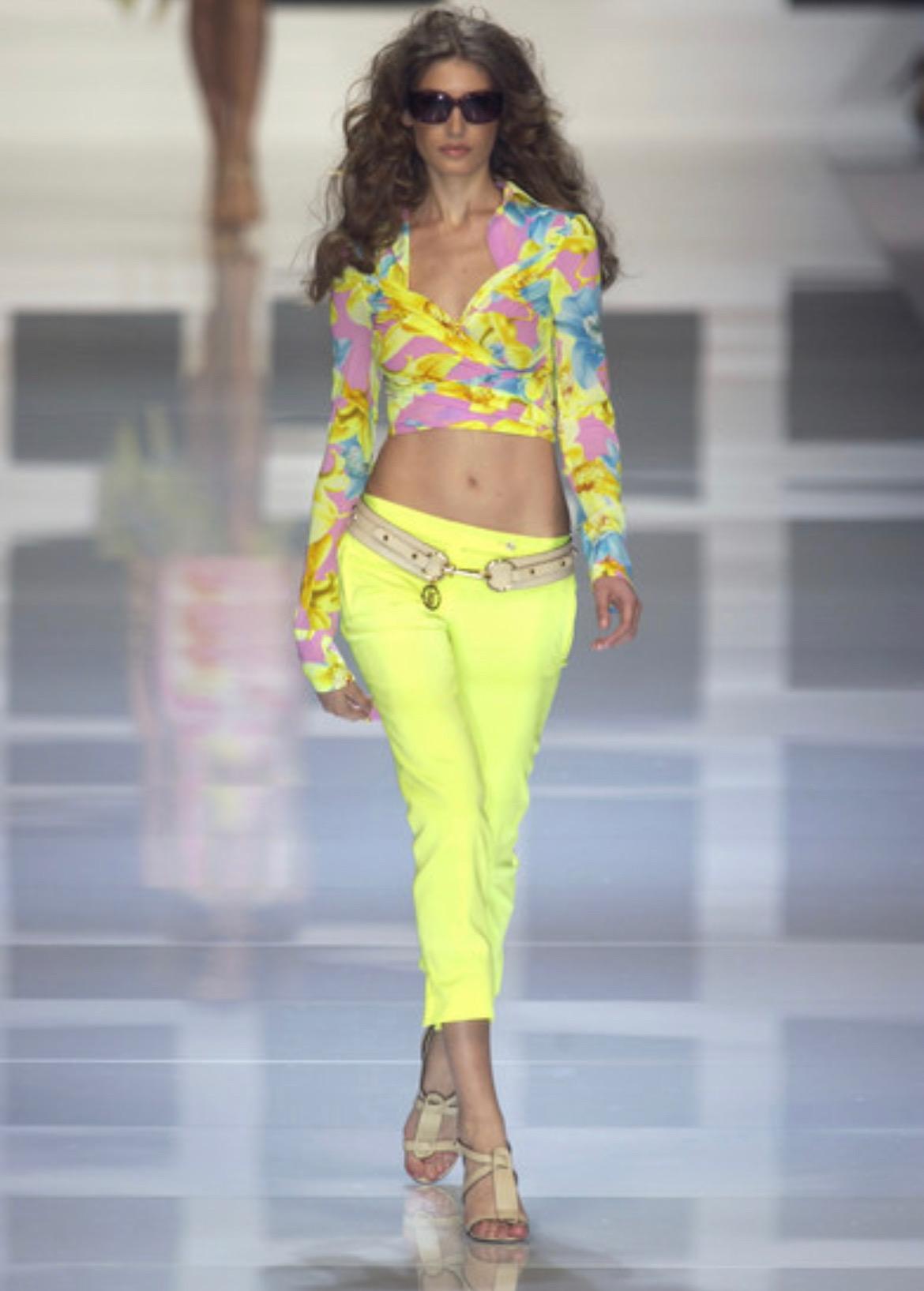 S/S 2004 Versace by Donatella Runway Pink Yellow Floral Runway Wrap Crop Top