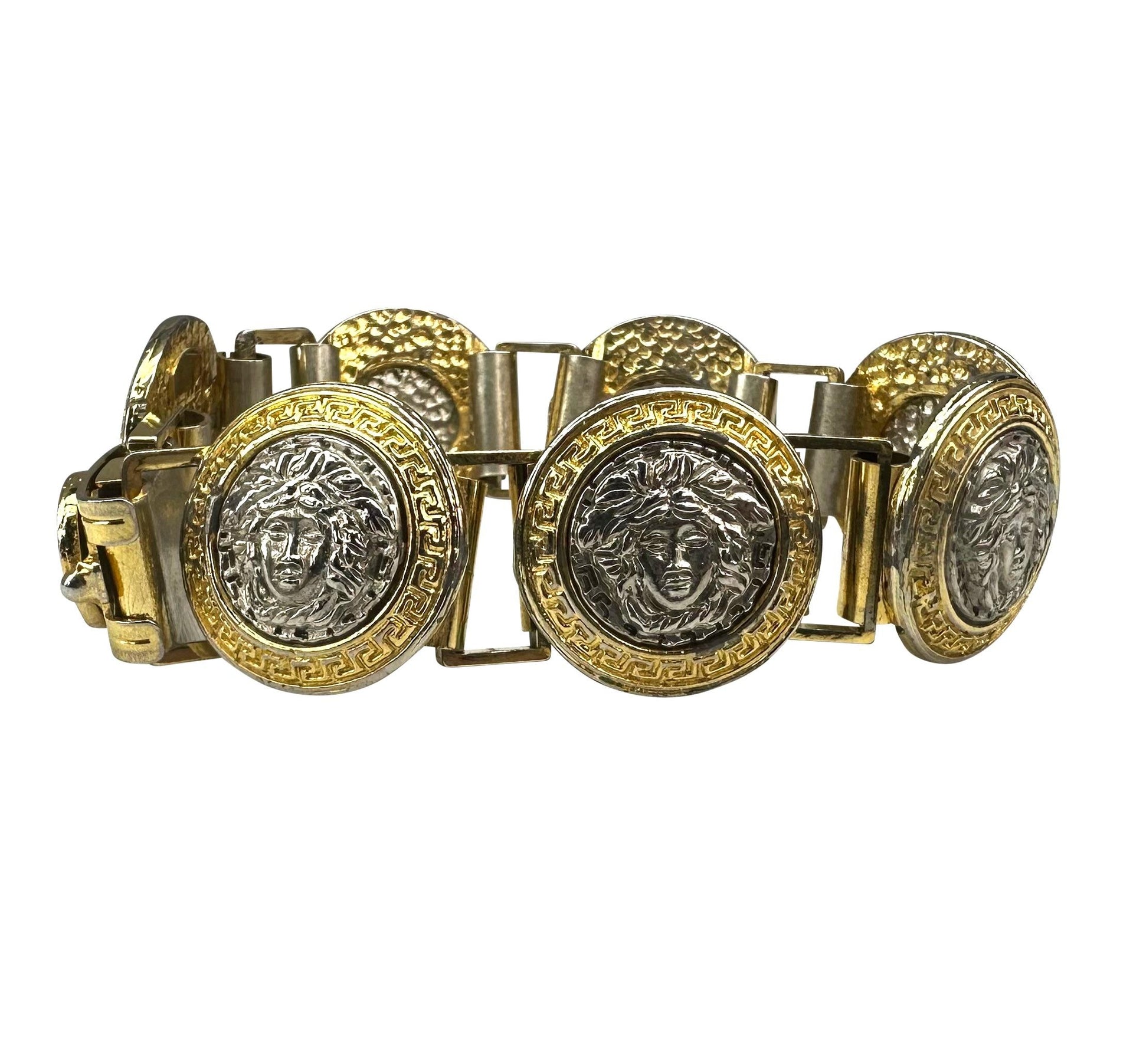1990s Gianni Versace Silver Rhinestone Medusa Medallion Costume Link Bracelet