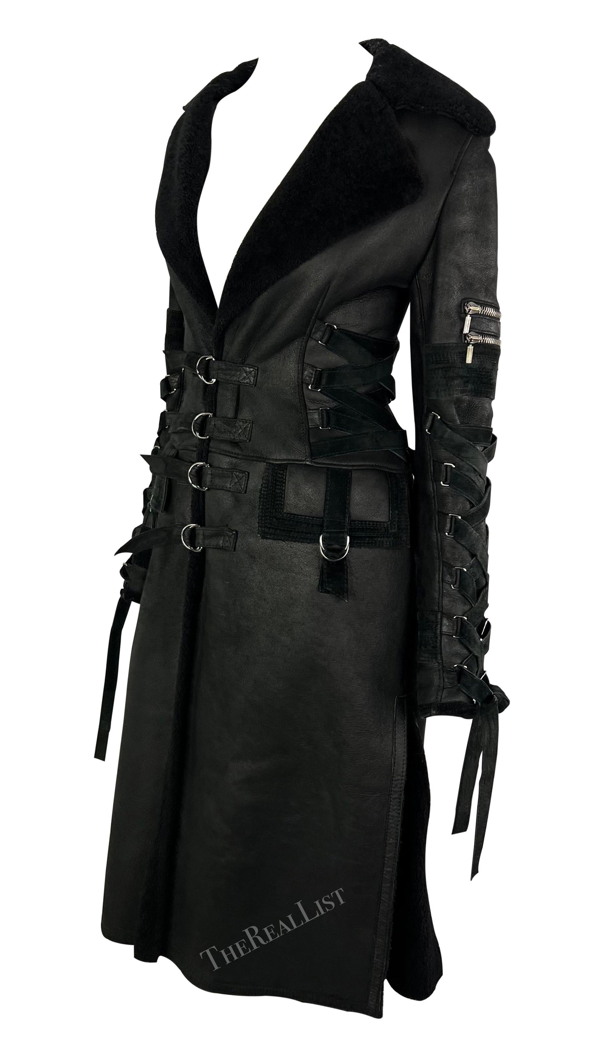 F/W 2003 Versace by Donatella Runway Black Shearling Lace up Trench Coat