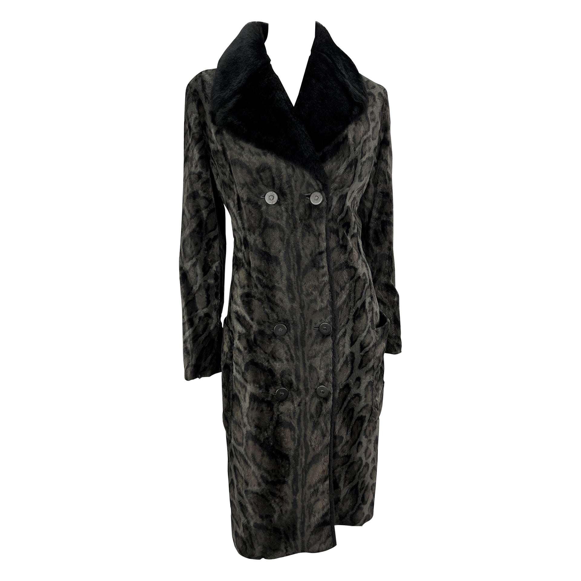 F/W 1996 Gianni Versace Black Leopard Faux Fur Sample Double Breasted Coat