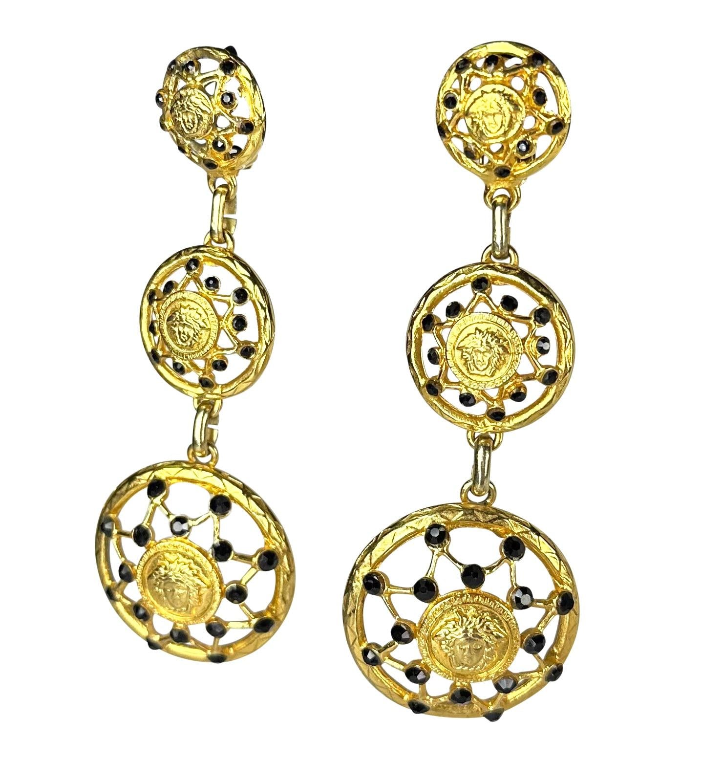 F/W 1992 Gianni Versace Gold Tone Rhinestone Medusa Logo Drop Clip-On Earrings