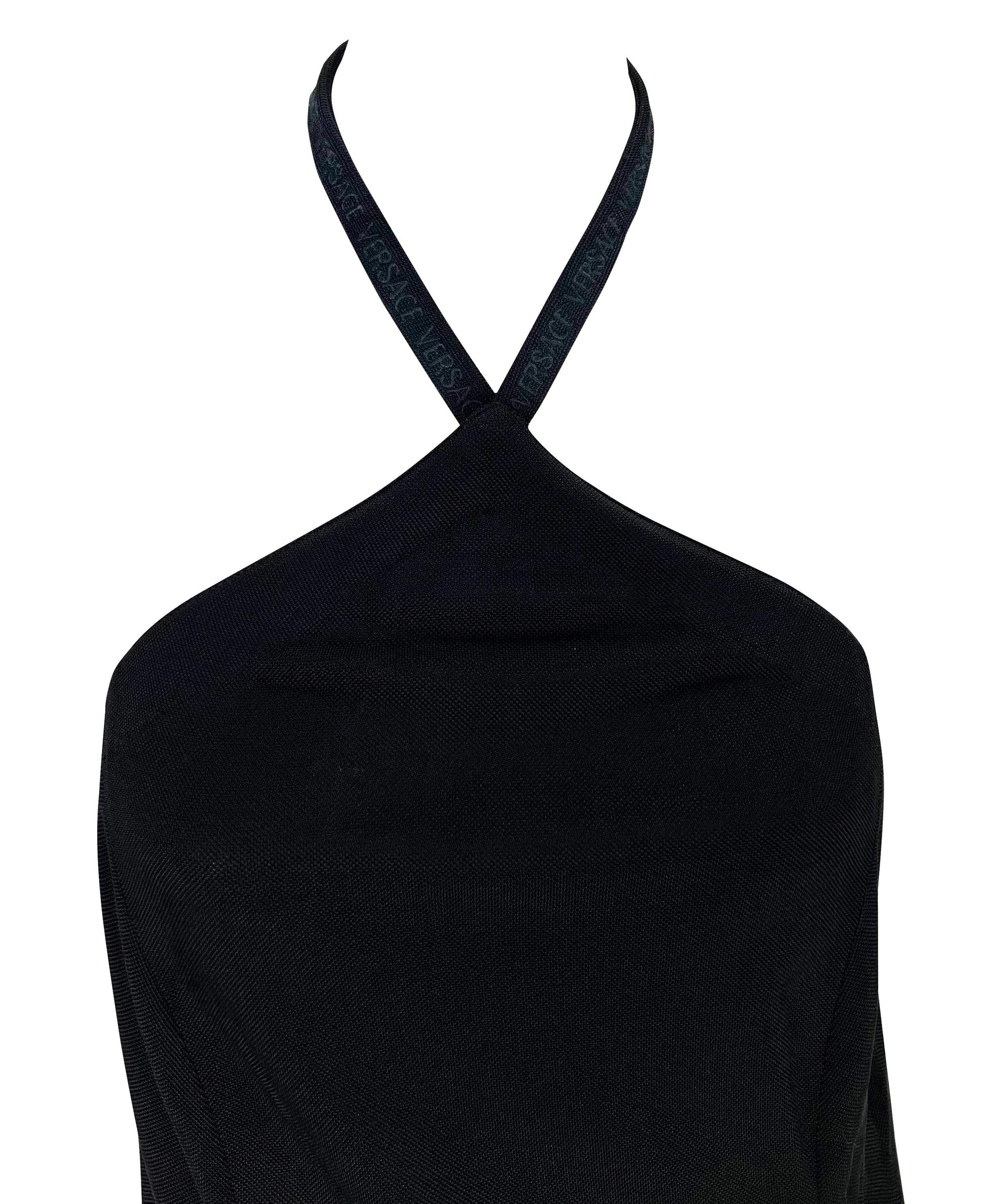 Late 1990s Gianni Versace by Donatella Logo Knit Stretch Halter Neck Black Dress